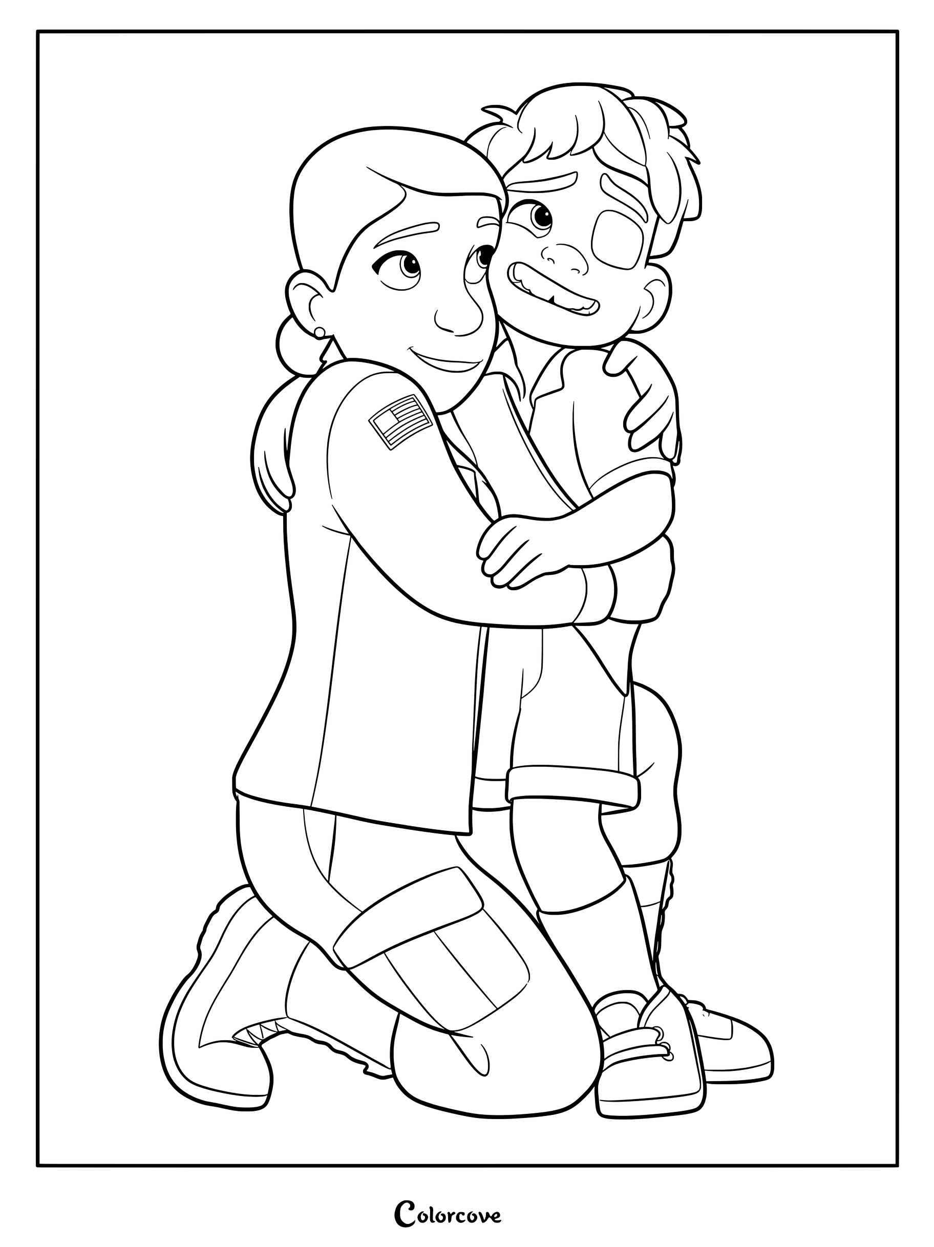 A printable coloring page featuring Olga Solis kneeling to give Elio Solis a warm, comforting hug.
