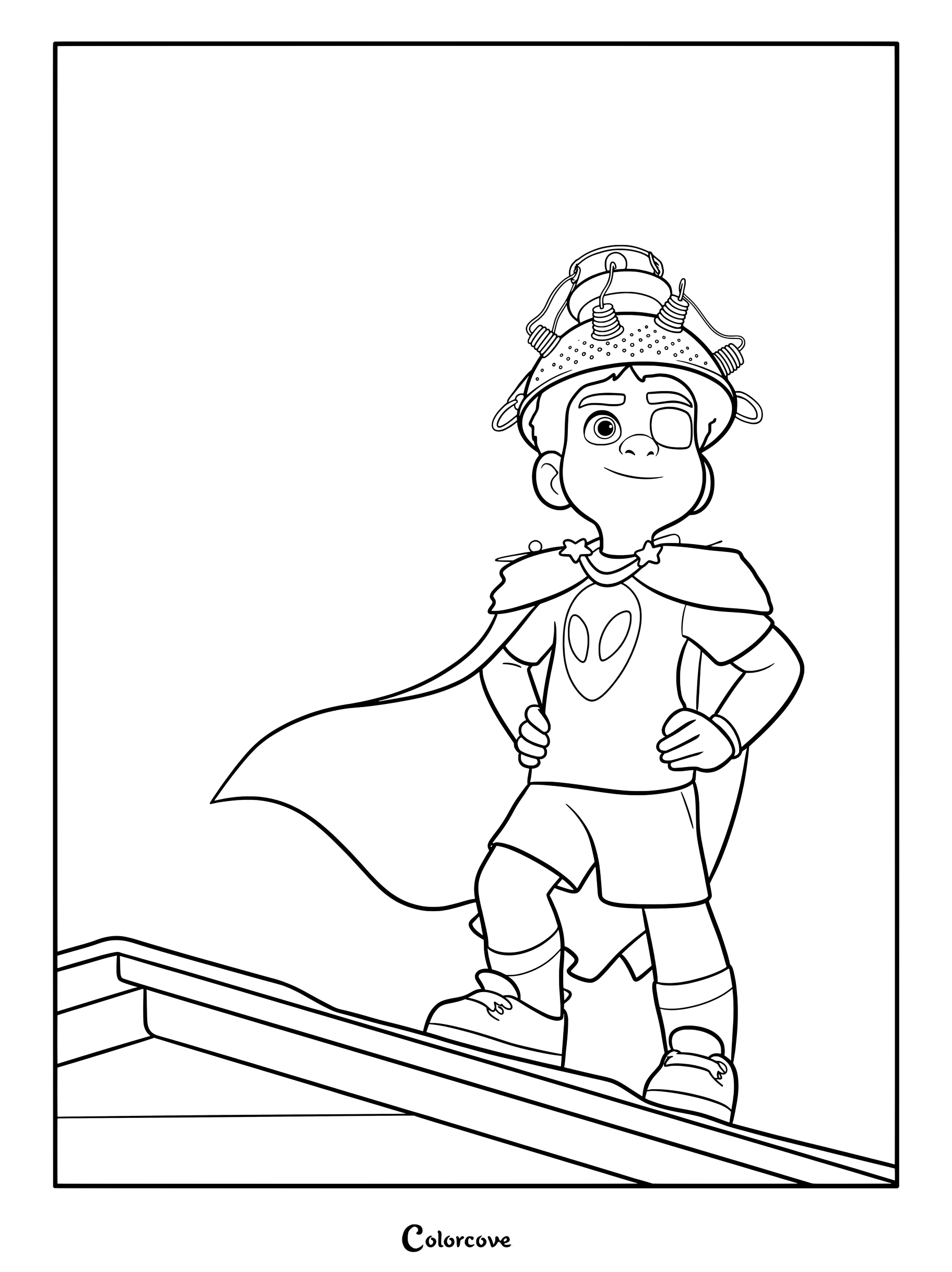 Elio Solís wearing a colander helmet and green cape standing on a roof in this printable coloring page.