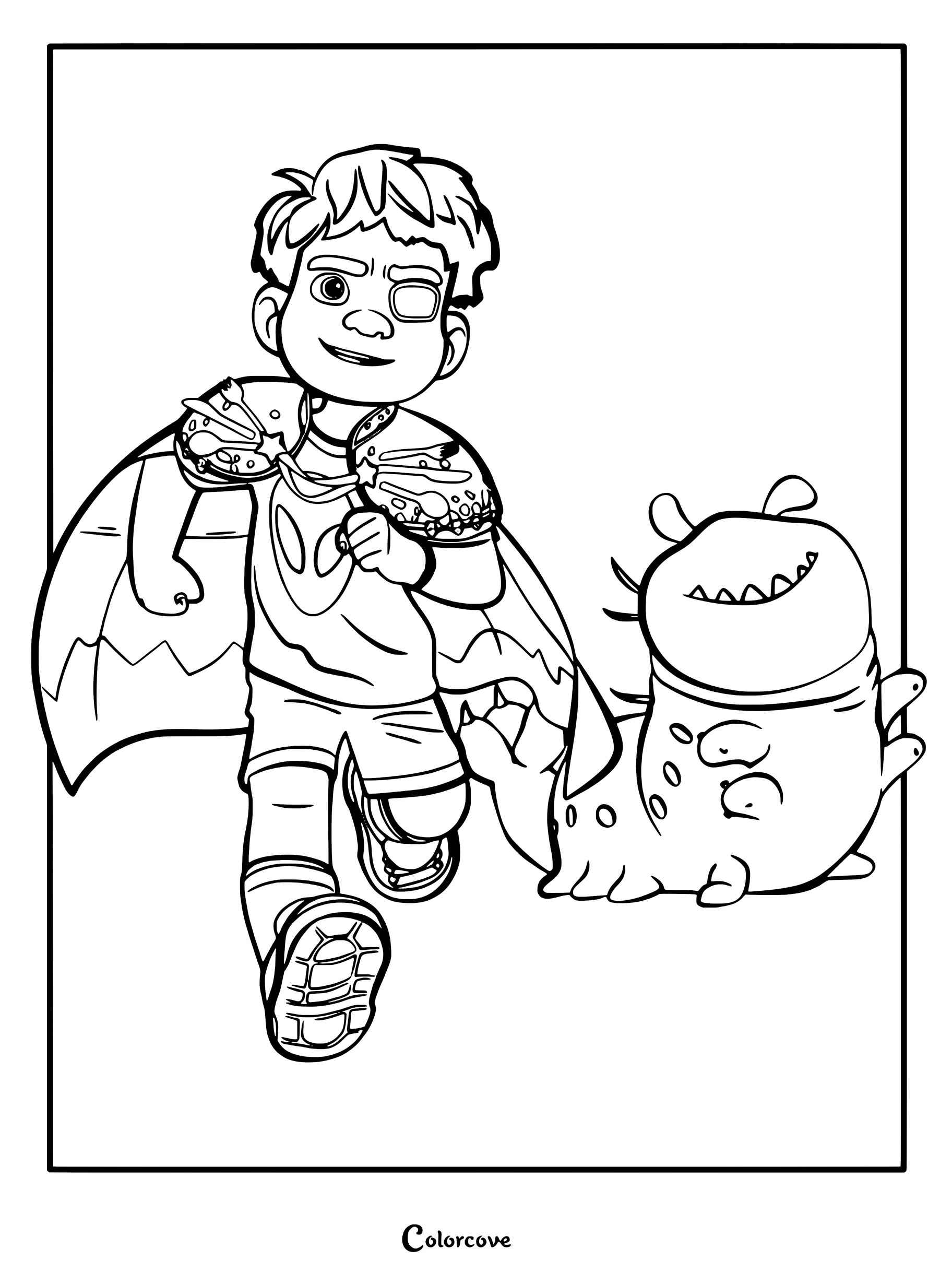 Elio Solís wearing a cape and Glordon running together in this printable Elio coloring page.