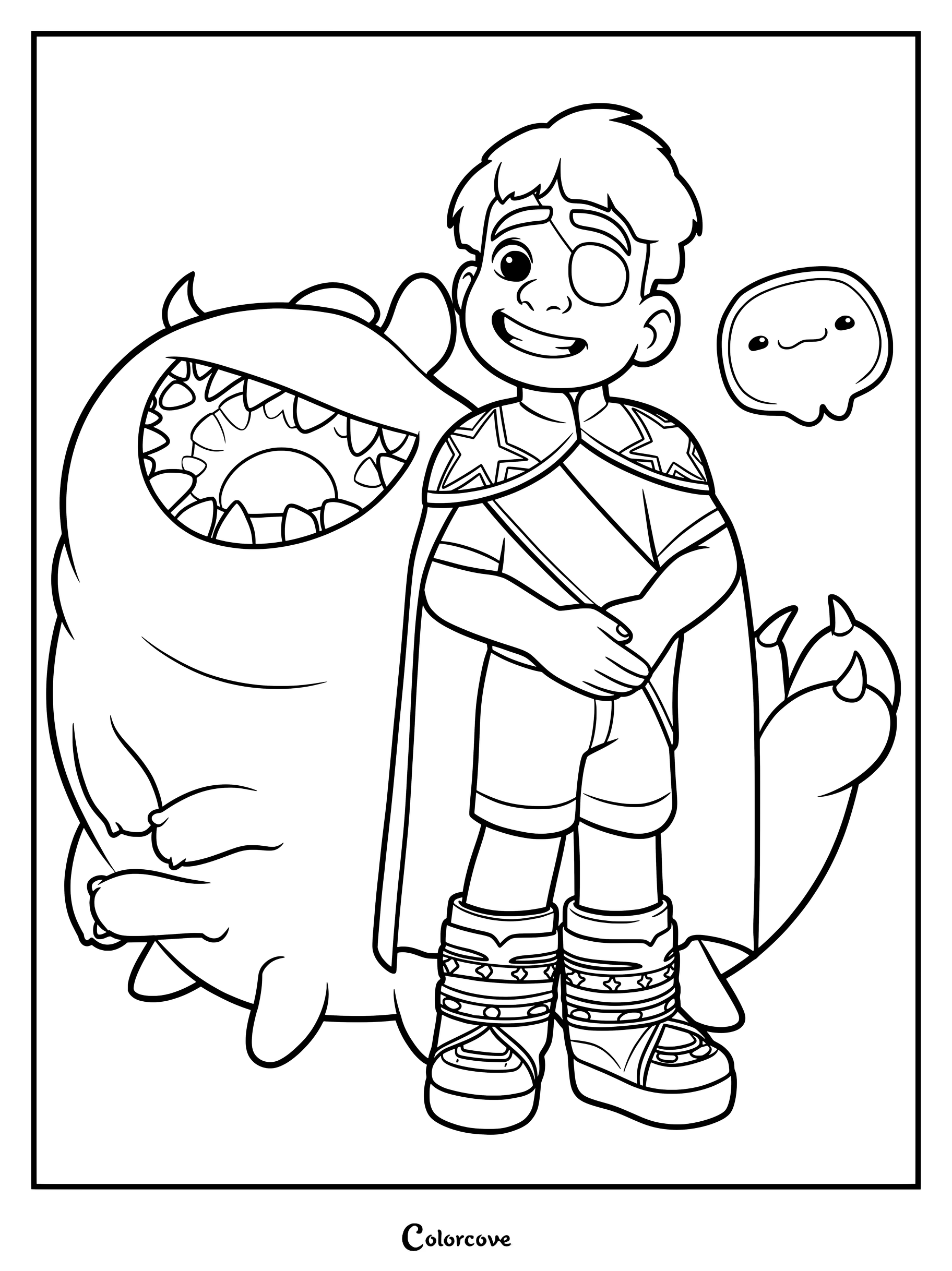 Elio wearing a star-patterned cape stands next to the large, toothy Glordon and the small, floating Ooooo in this printable coloring page.