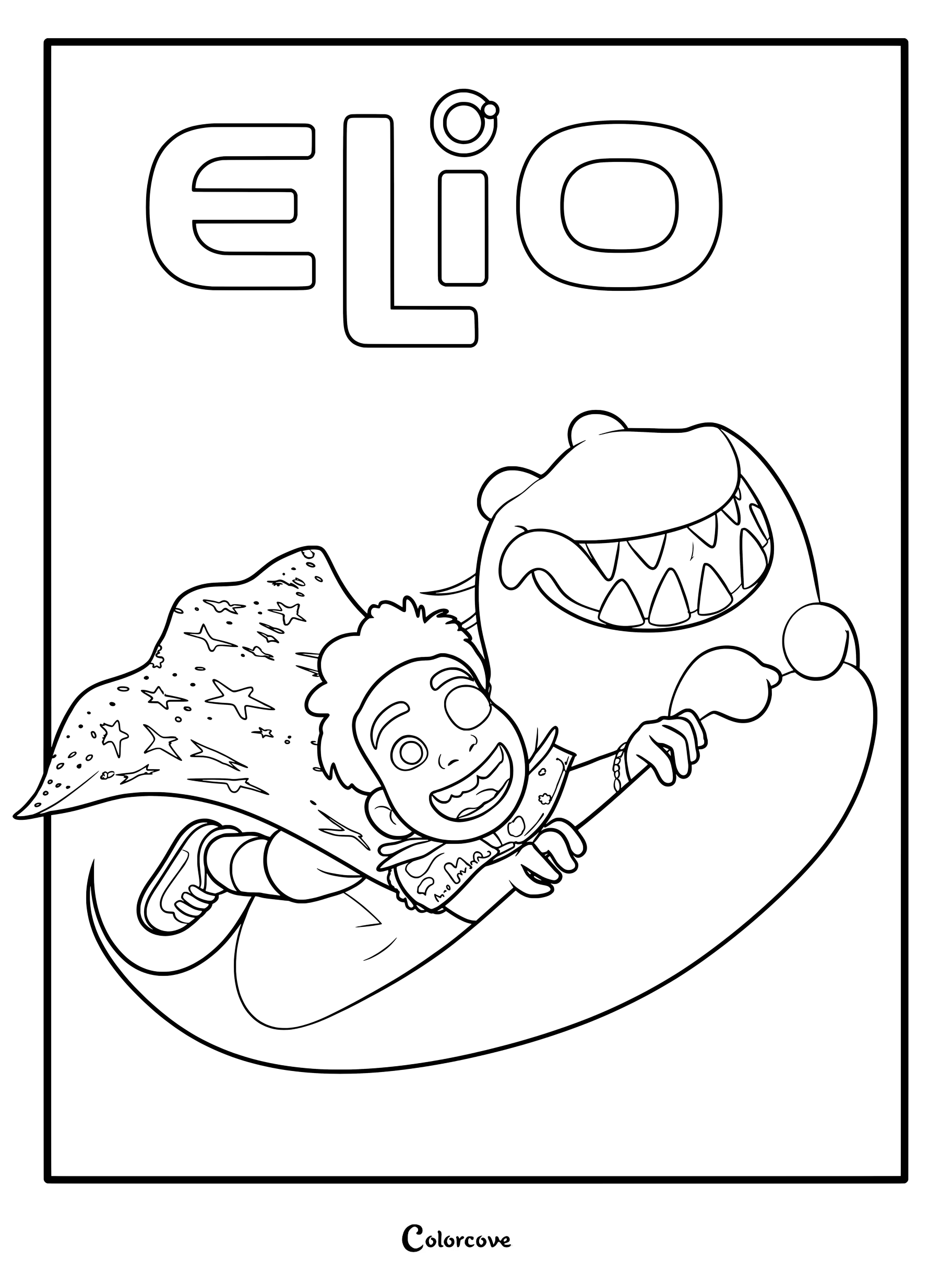 Elio Solís wearing a star-patterned cape riding on the back of Glordon through space in this printable coloring page.