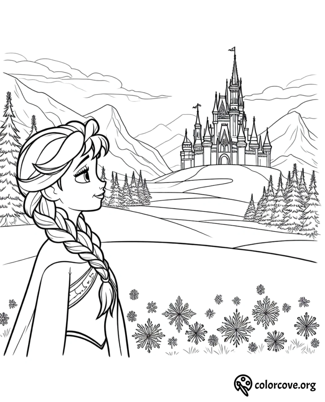 Princess with braided hair looks at castle in distance, surrounded by mountains and trees. Coloring page by ColorCove.org.