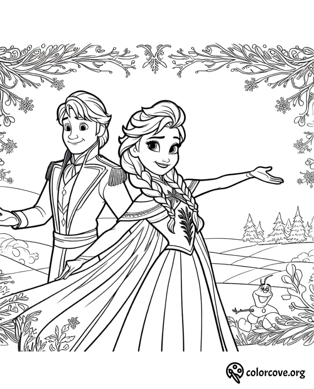 Frozen coloring page with princess and prince in a snowy, enchanted forest scenery - Free printable from colorcove.org