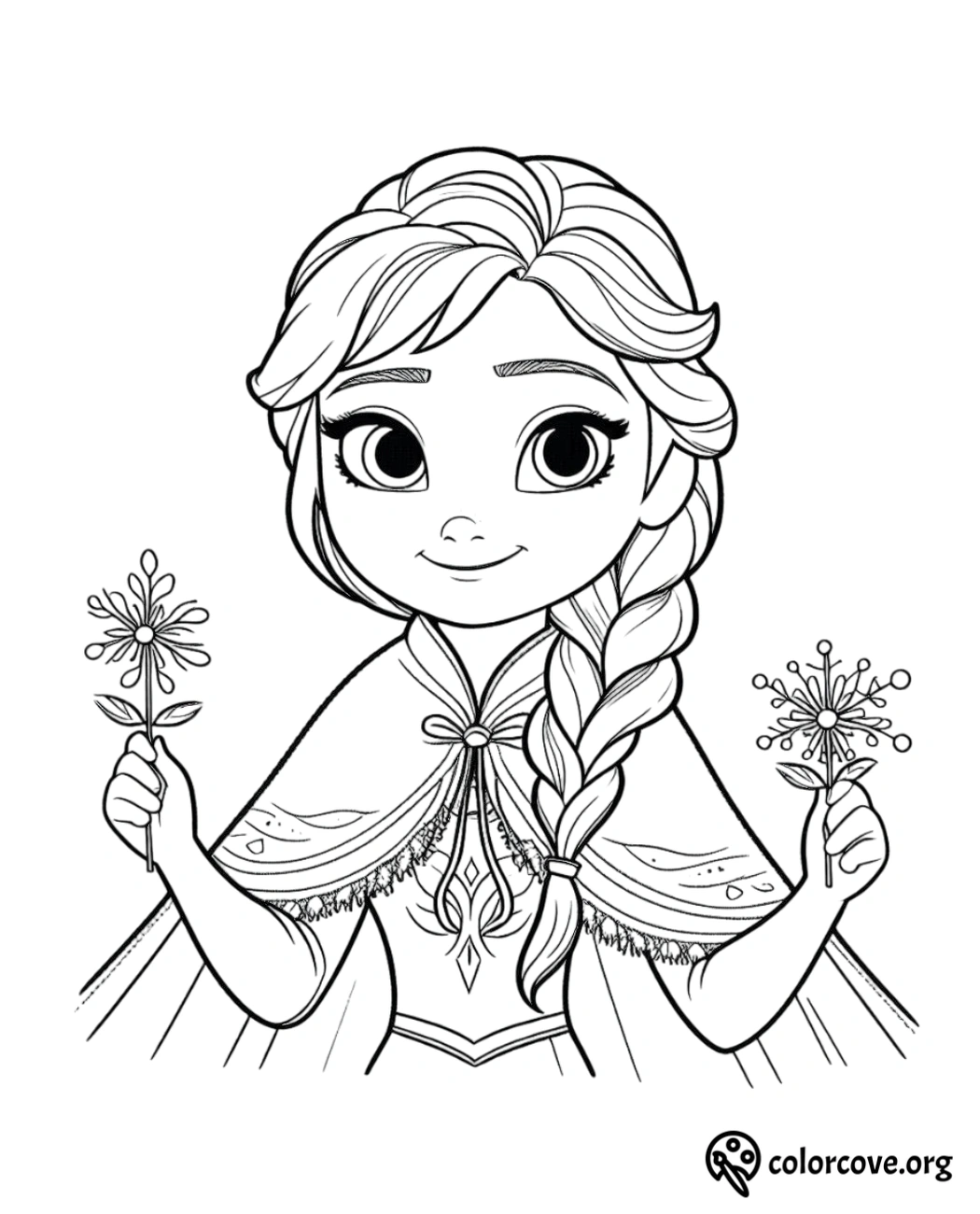 Coloring page of a happy girl with a braid holding two flowers, ready to be colored. Printable from colorcove.org.