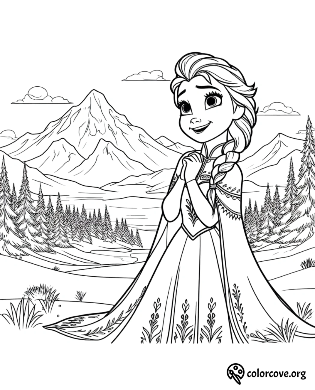 Princess coloring page featuring a snowy mountain background and forest. Perfect for kids' coloring activities. #ColorCove