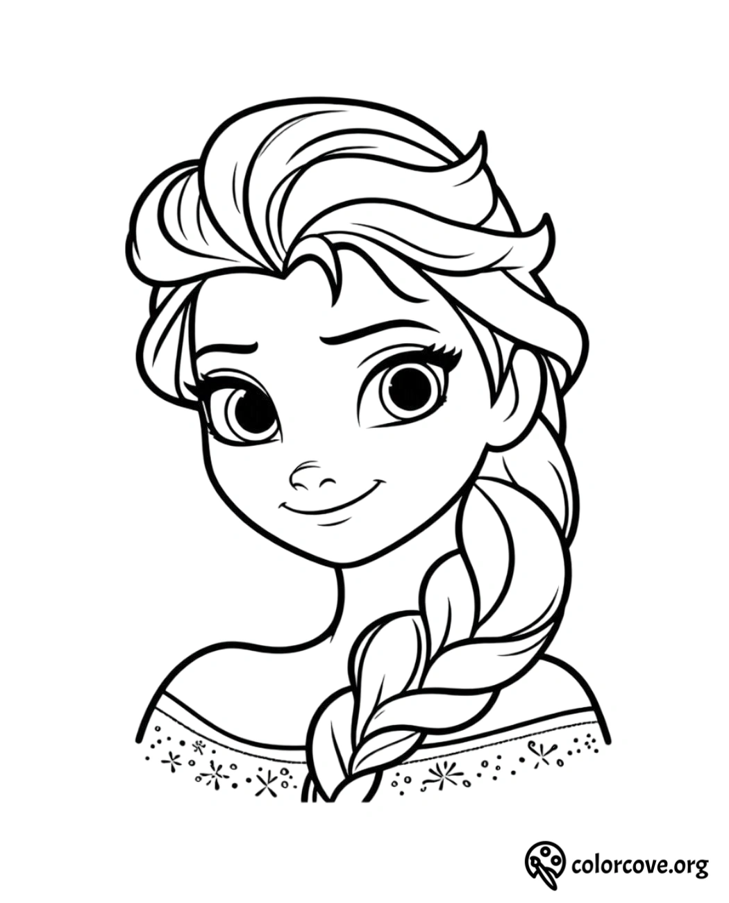 Coloring page of a smiling girl with braided hair and large eyes, suitable for kids. Printable from colorcove.org.