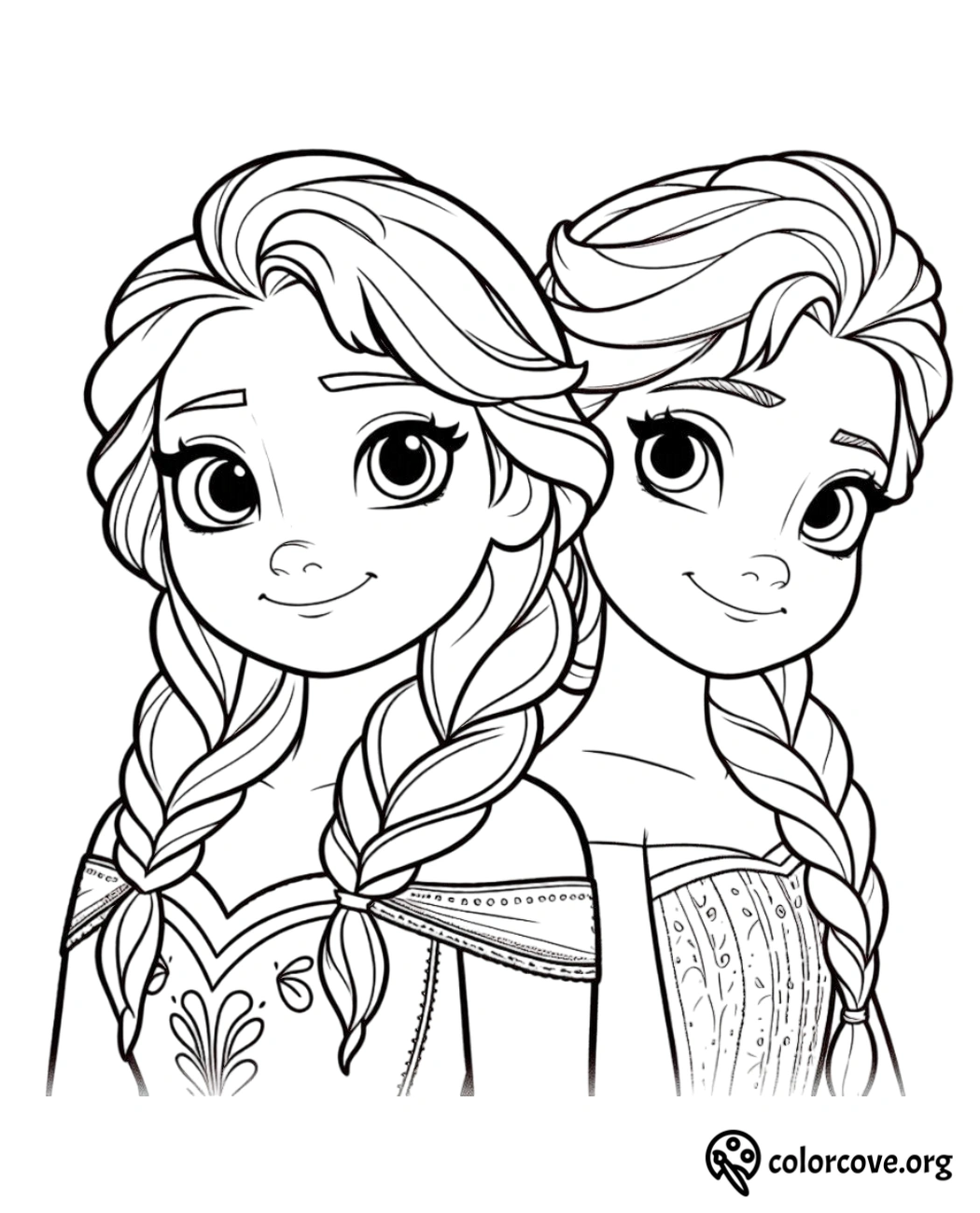 Coloring page featuring two smiling girls with braided hair from ColorCove.org, perfect for children's coloring activities.