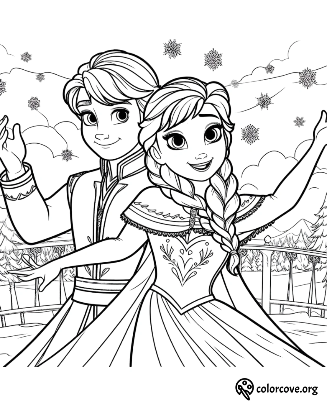 Coloring page of a prince and princess dancing in a winter scene with snowflakes in the background.