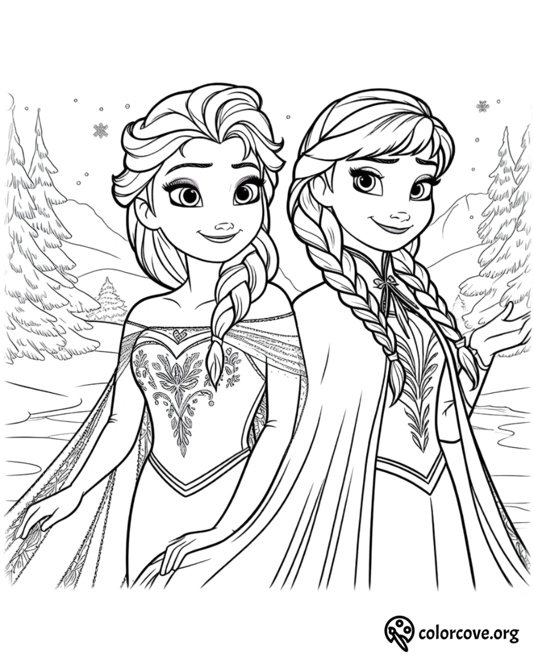 Coloring page of two animated princesses with braided hair in a snowy landscape. Ideal for kids' winter-themed activities.