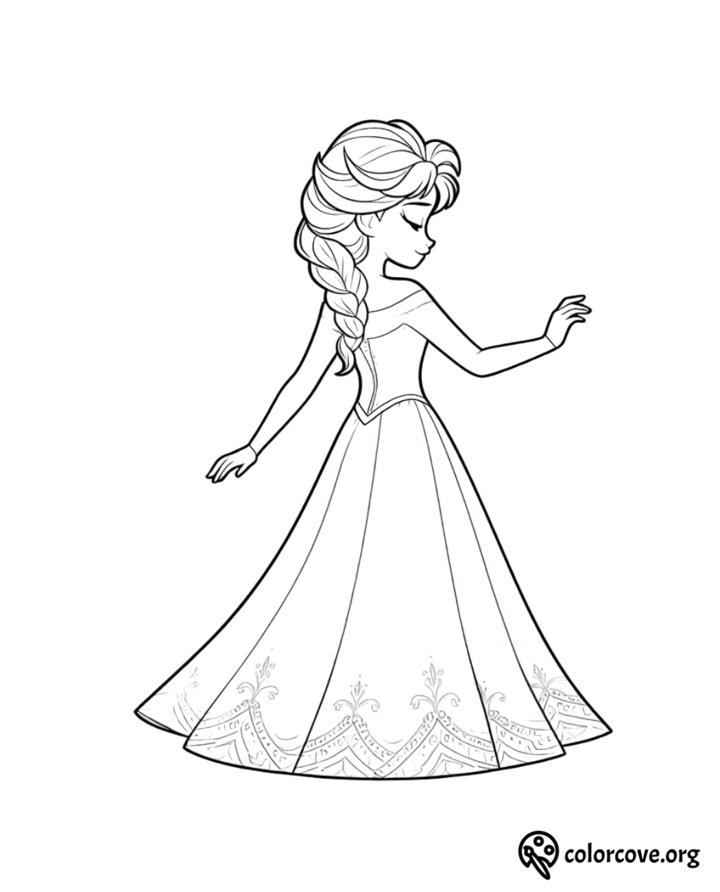 Coloring page featuring a princess with a braided hairstyle and elaborate gown, ideal for kids. Image credit: colorcove.org.