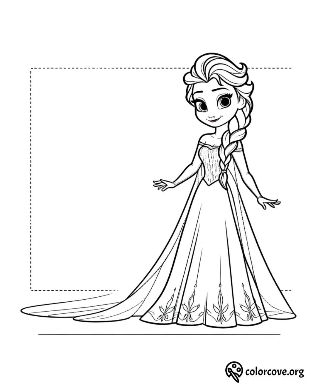 Princess coloring page featuring a royal character with a detailed dress and braided hair. Perfect for kids and creativity.