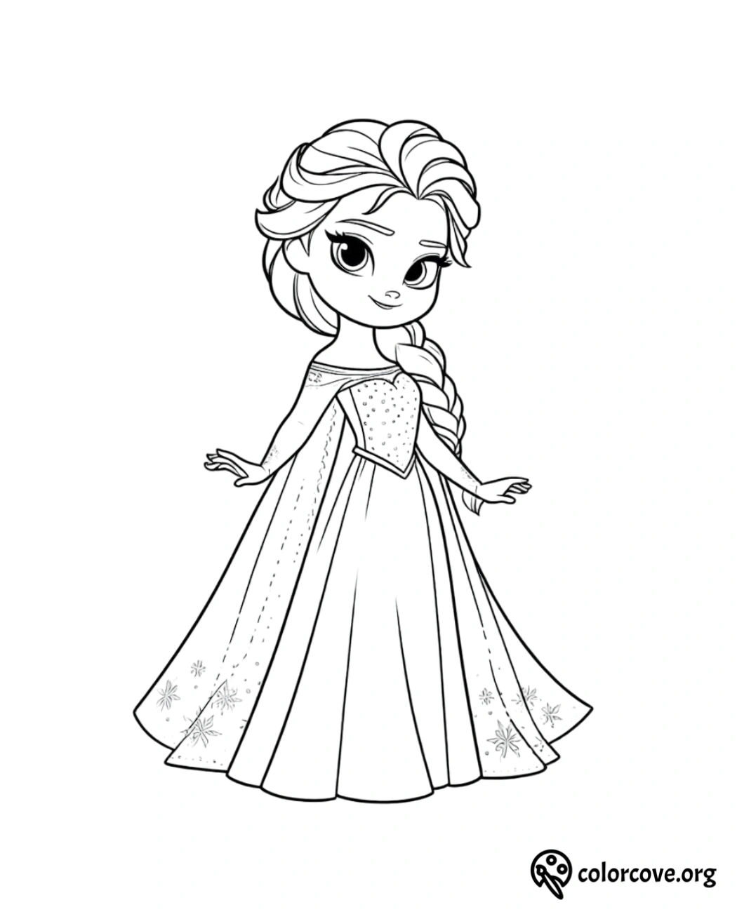 Charming princess coloring page for kids with intricate details, featuring a beautiful dress and long braided hair.