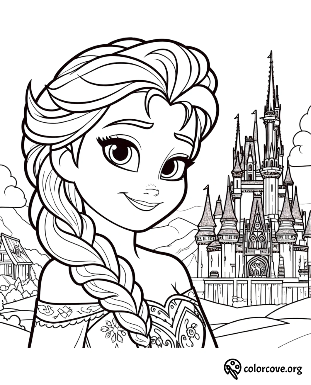 Princess coloring page with a smiling character in front of a majestic castle. Ideal for kids' creative fun!