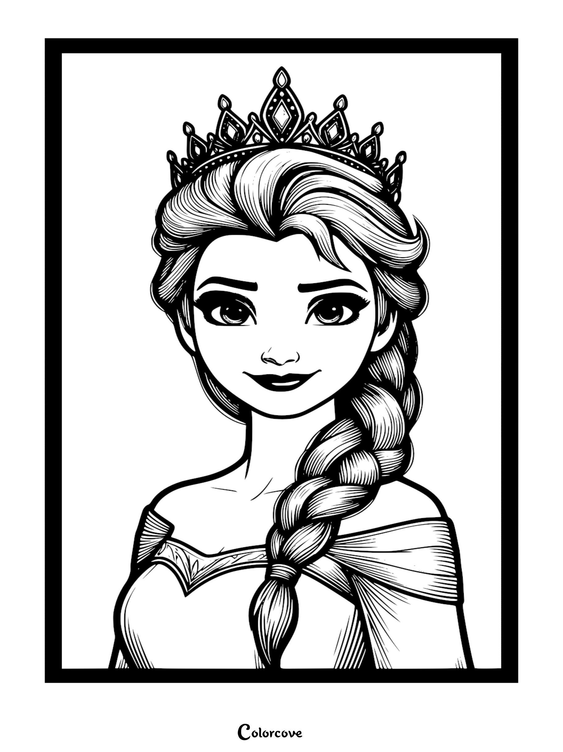 A detailed Queen Elsa coloring page for kids featuring her royal crown and signature side braid.