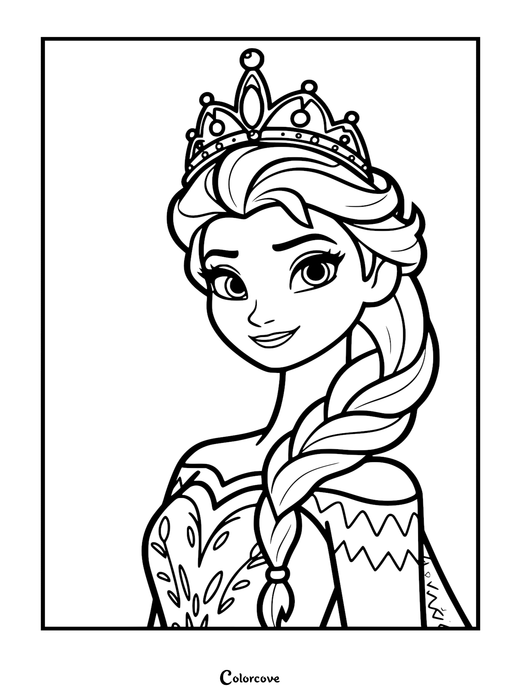 A beautiful Queen Elsa coloring page for kids featuring her royal crown and signature long braid in a printable black and white line art style.