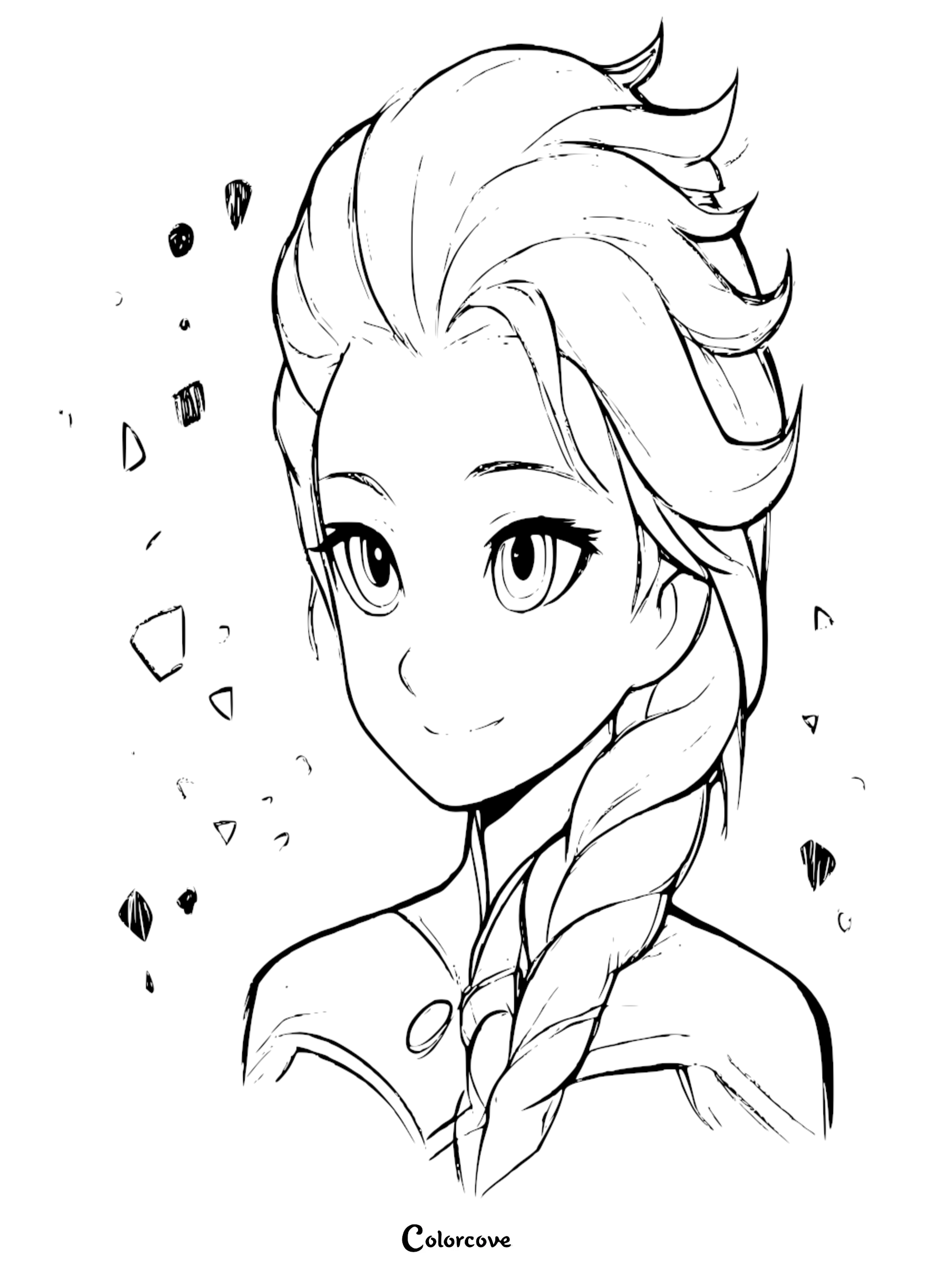 A beautiful Elsa portrait coloring page for kids featuring her signature braid and decorative snowflake confetti in a high-quality line art style.