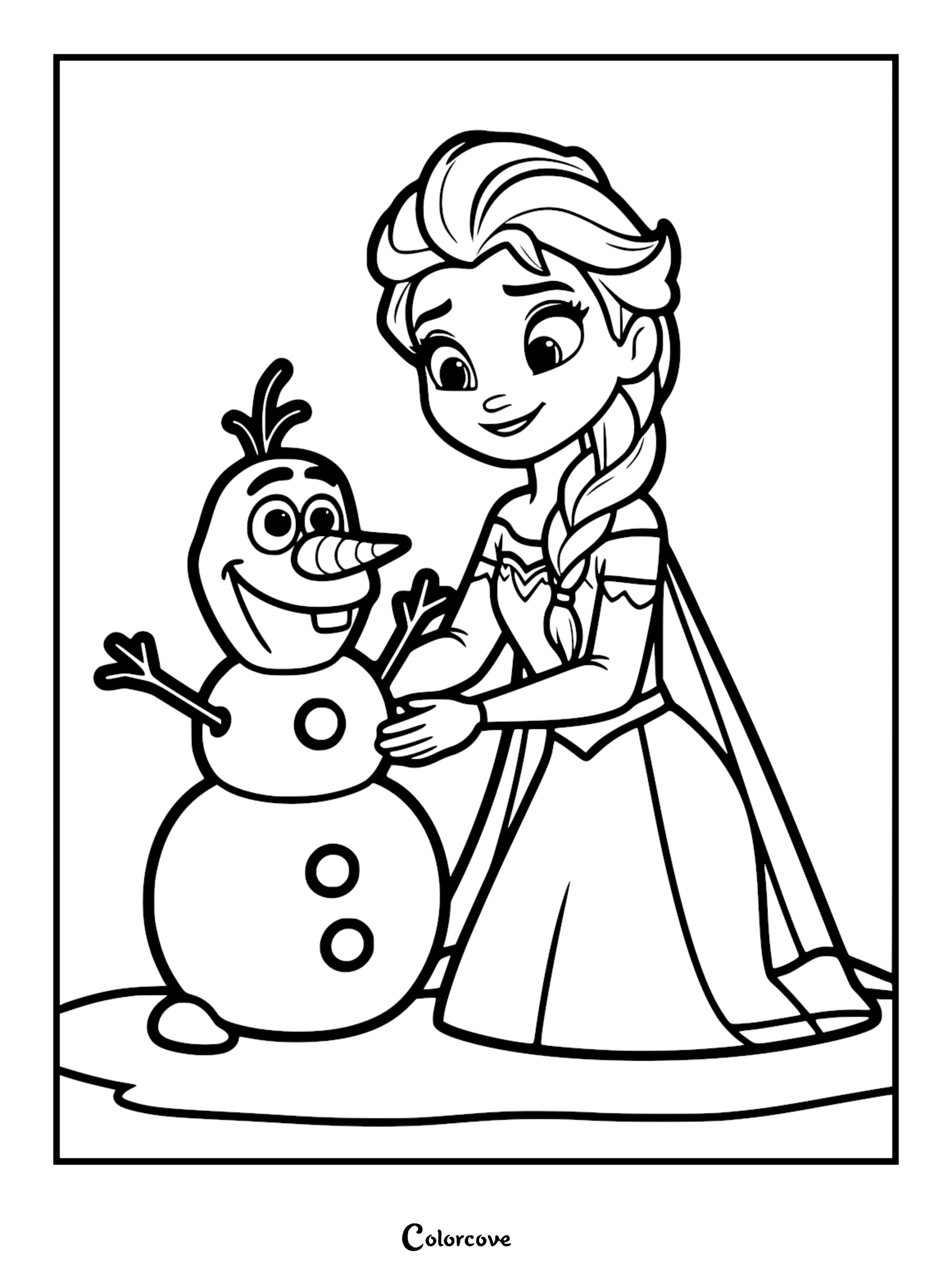 A cute Elsa and Olaf coloring page for kids featuring the Snow Queen helping her snowman friend.