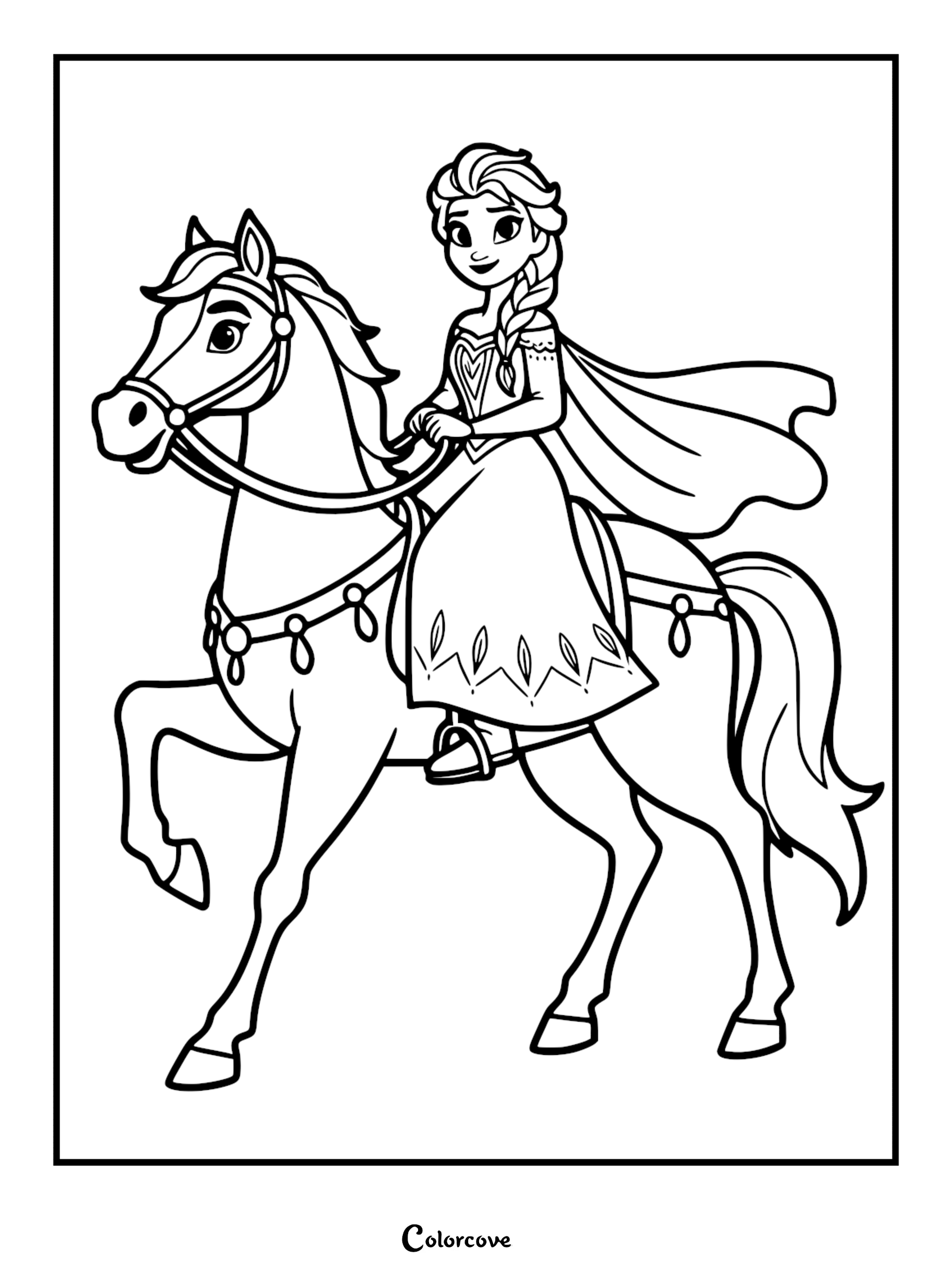 A printable coloring page of Queen Elsa from Frozen riding a majestic horse, featuring her iconic braid and flowing cape.