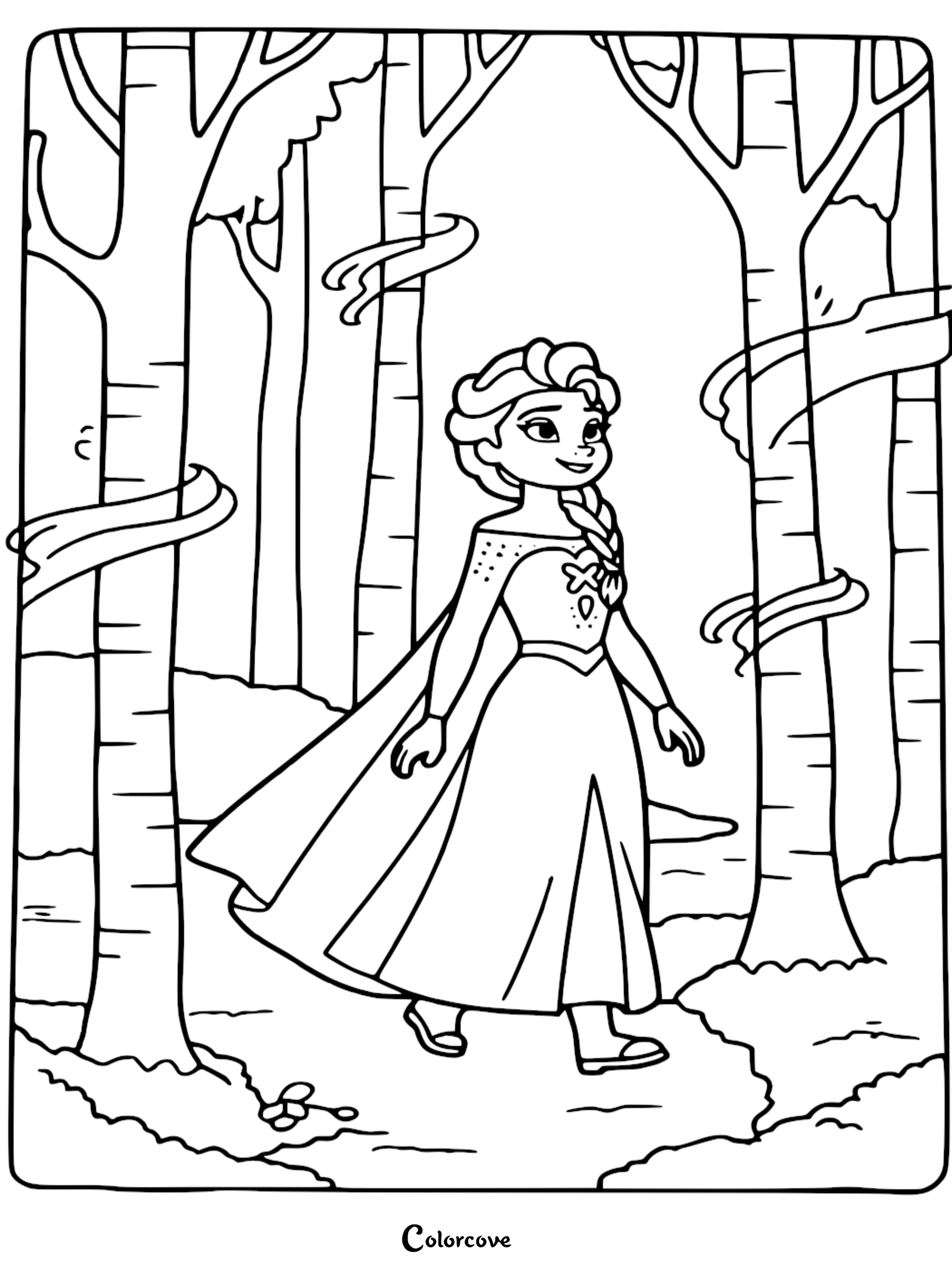 A printable Elsa coloring page featuring Queen Elsa walking through the Enchanted Forest with swirling winds and tall birch trees.