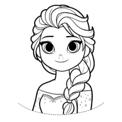 Coloring page of a smiling girl with large eyes, braided hair, and an embellished dress from Colorcove.org.