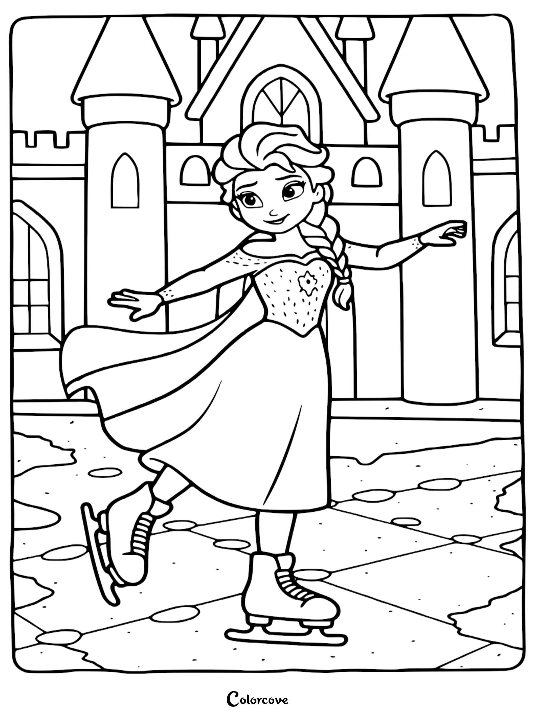 A beautiful coloring page of Elsa from Frozen ice skating gracefully in front of Arendelle castle, perfect for kids who love Disney princesses.
