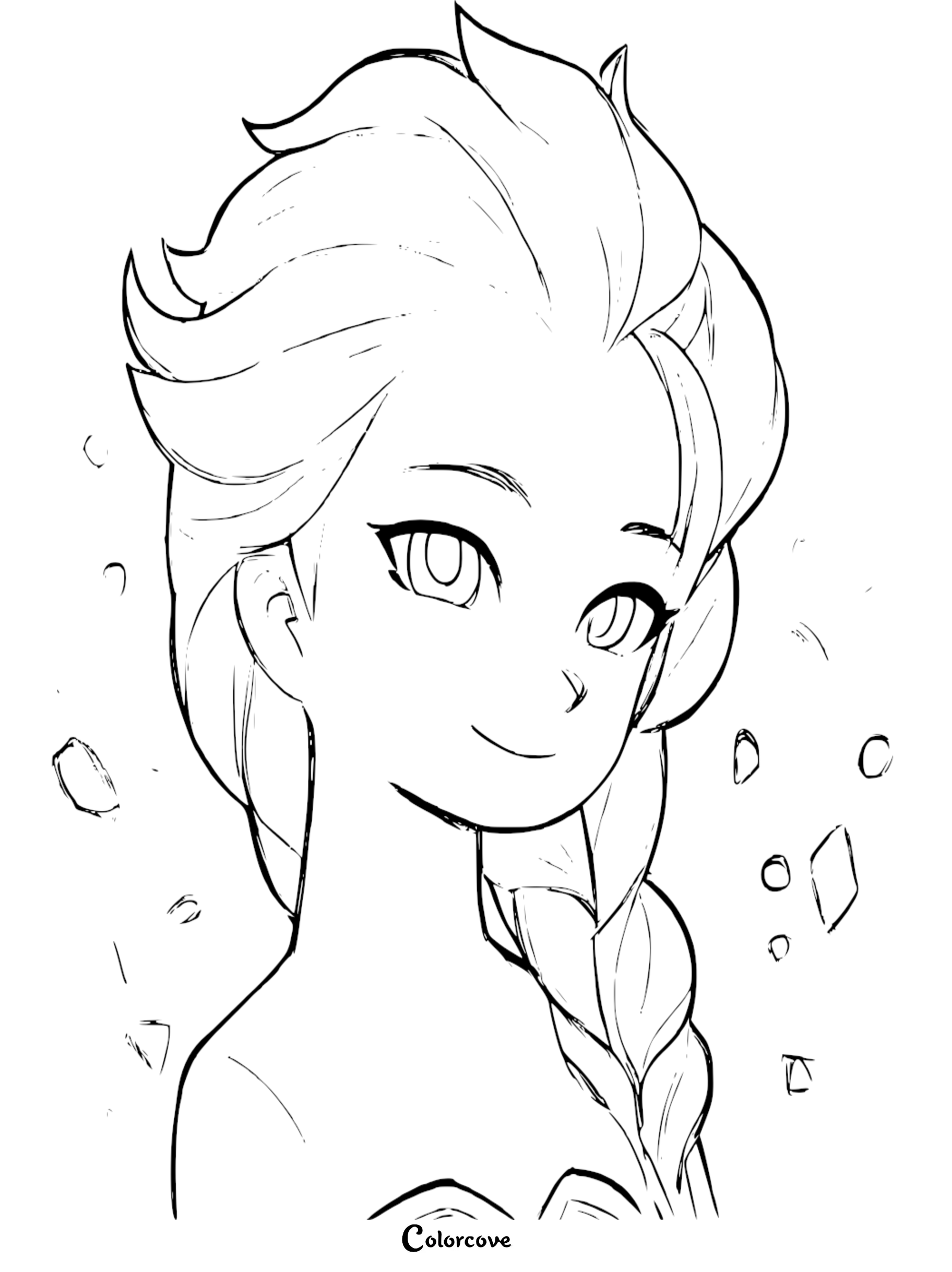 A cute chibi Elsa portrait coloring page for kids with a signature braid and snowflakes.