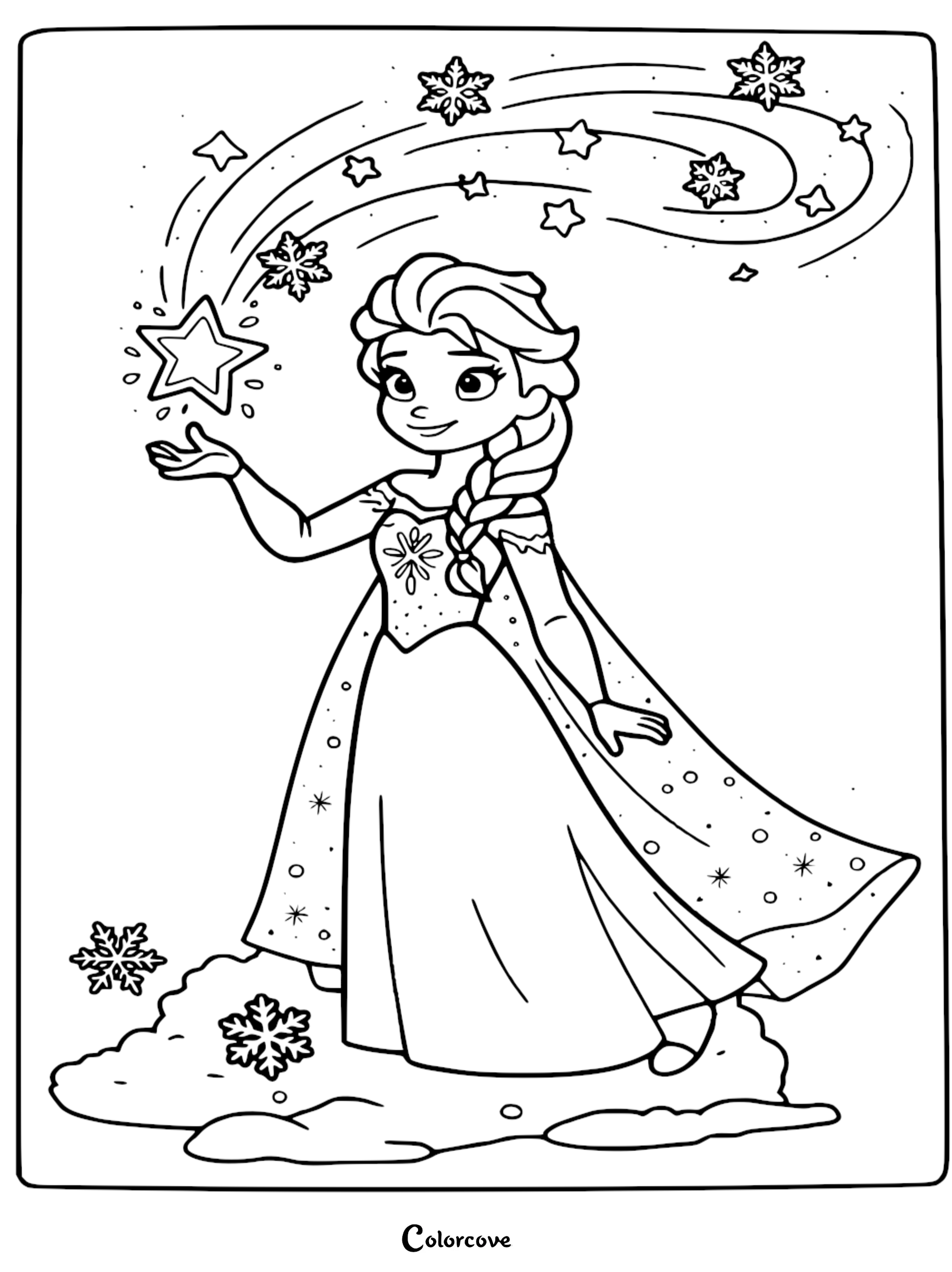 A beautiful line art drawing of Queen Elsa from Frozen casting ice magic with snowflakes and stars, a perfect printable coloring page for kids.