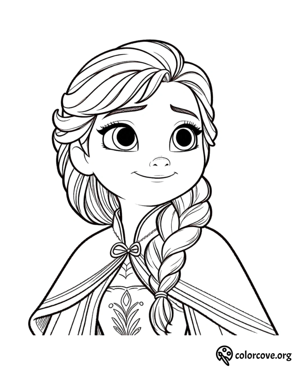 Coloring page of a princess with braided hair and a decorative cape, smiling warmly. Perfect for kids' coloring activities.