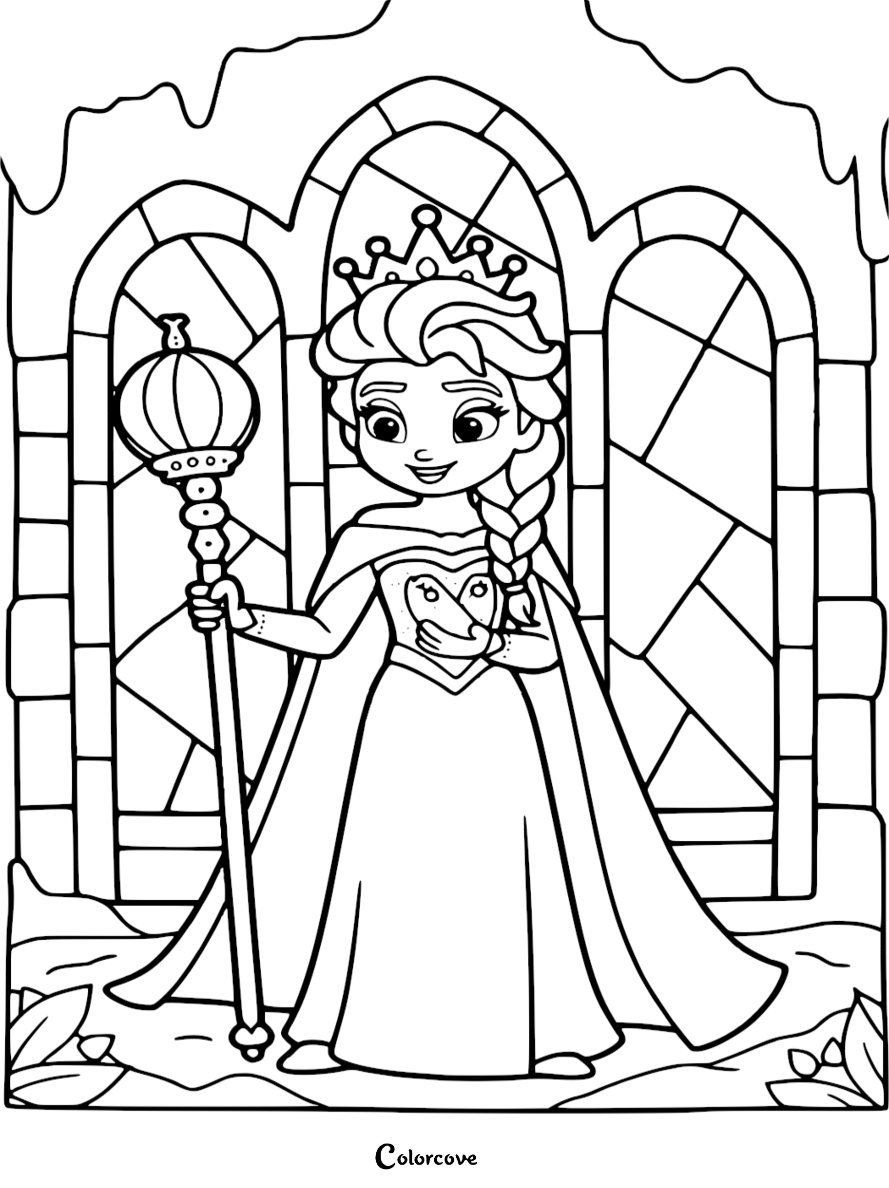 Printable Queen Elsa coloring page for kids featuring a cute cartoon version of Elsa holding her royal scepter and wearing a crown in front of a stained glass castle window.