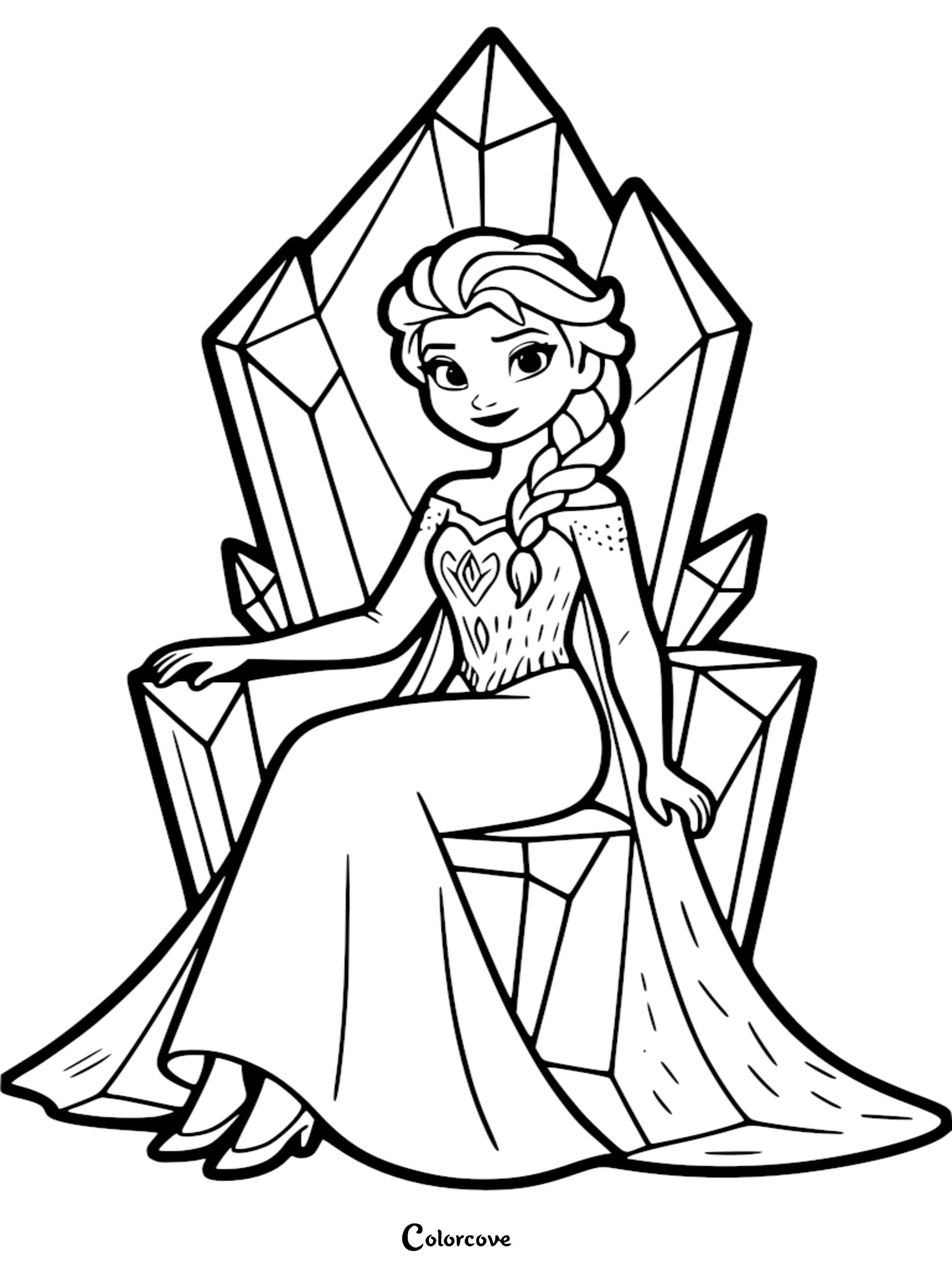 A detailed coloring page of Queen Elsa from Disney's Frozen sitting majestically on her crystalline ice throne.