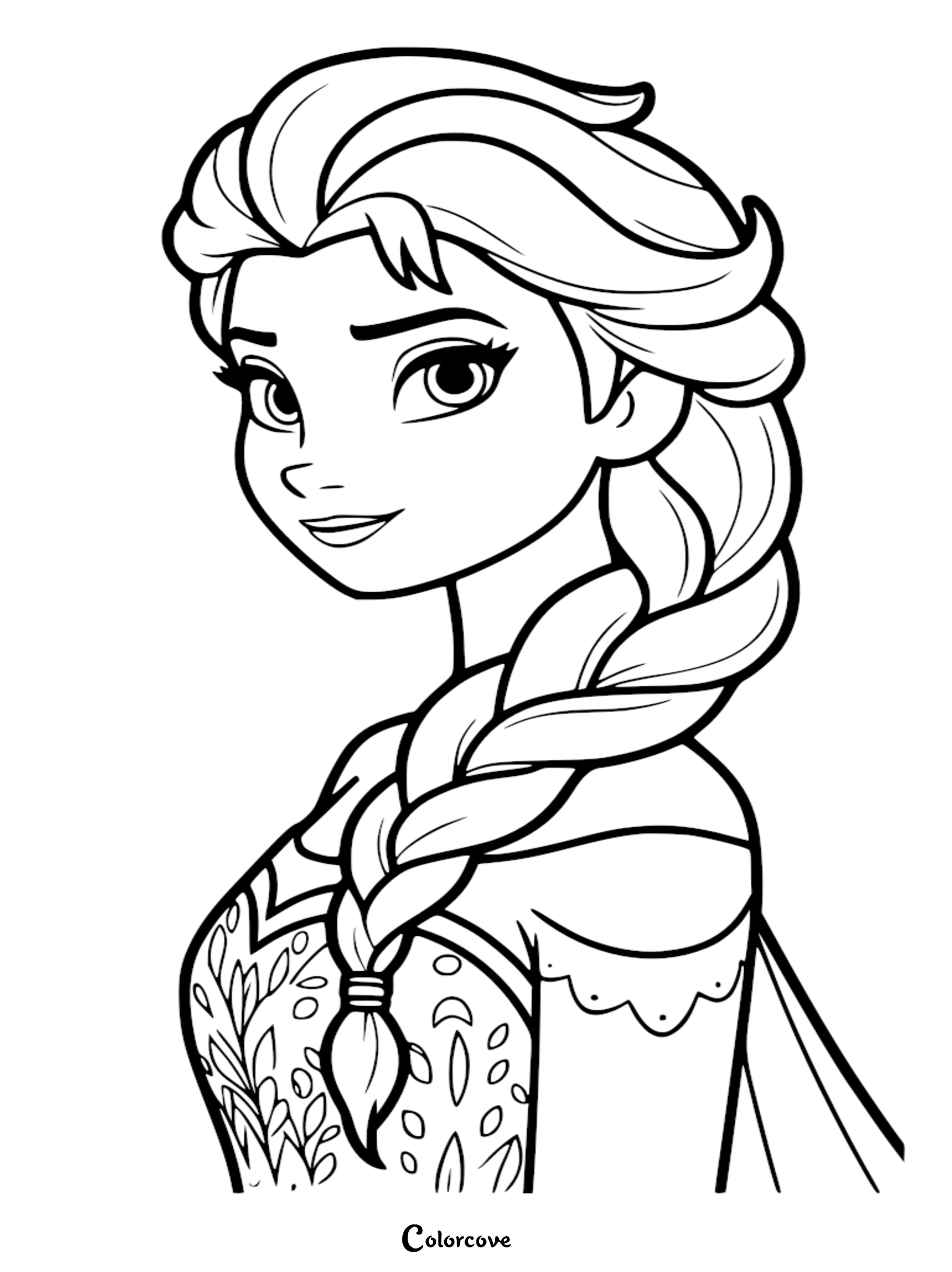 A detailed line art portrait of Queen Elsa from Frozen featuring her signature side braid and royal gown, perfect for a kids' printable coloring activity.