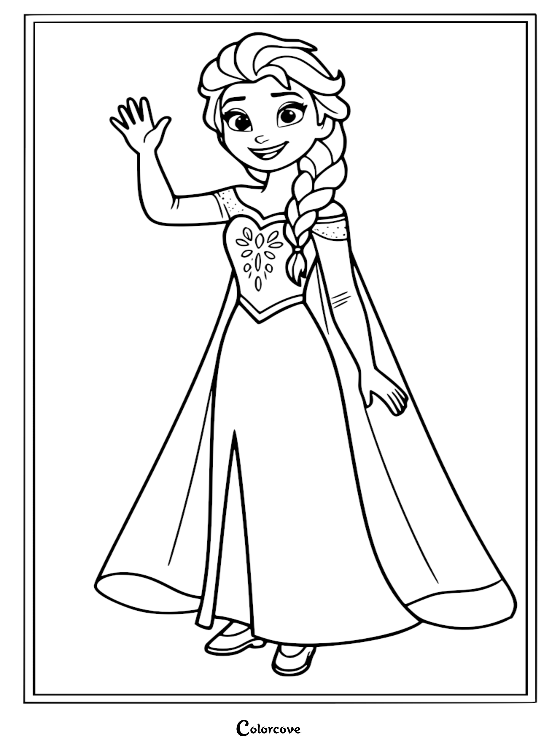 A free printable Elsa coloring page for kids featuring the Snow Queen waving in her iconic ice dress and braid.