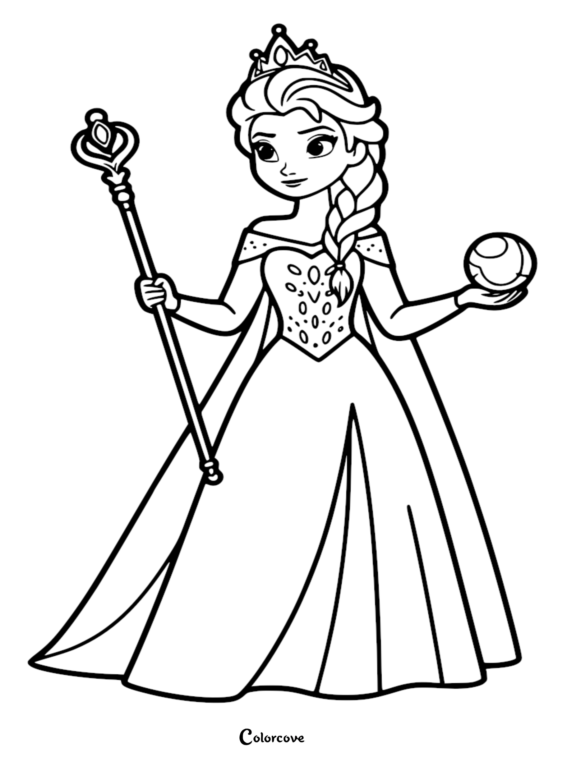 A detailed printable coloring page of Queen Elsa from Frozen in her coronation dress holding a royal scepter and orb.