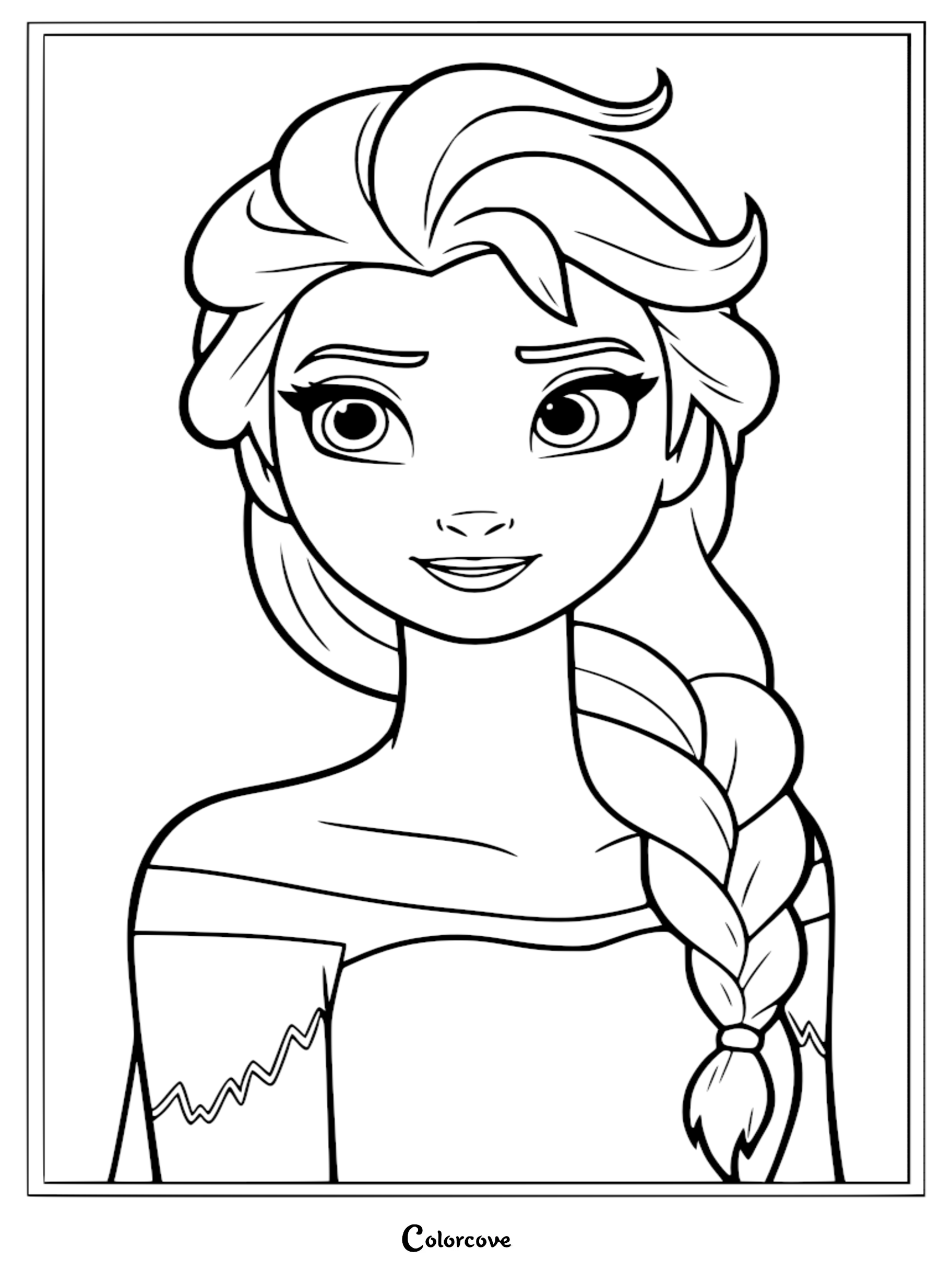 A detailed black and white line art portrait of Queen Elsa from Frozen with her signature braid for kids to color.