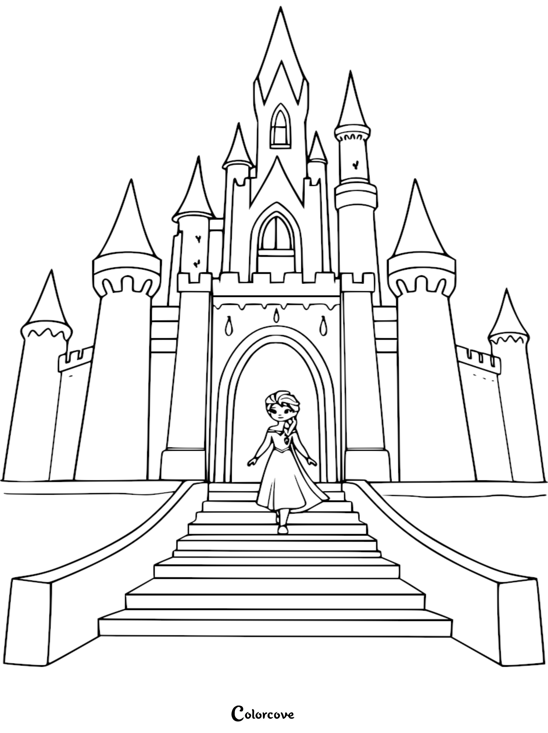 A detailed coloring page of Elsa from Frozen standing in front of a grand royal castle with tall spires and a staircase.