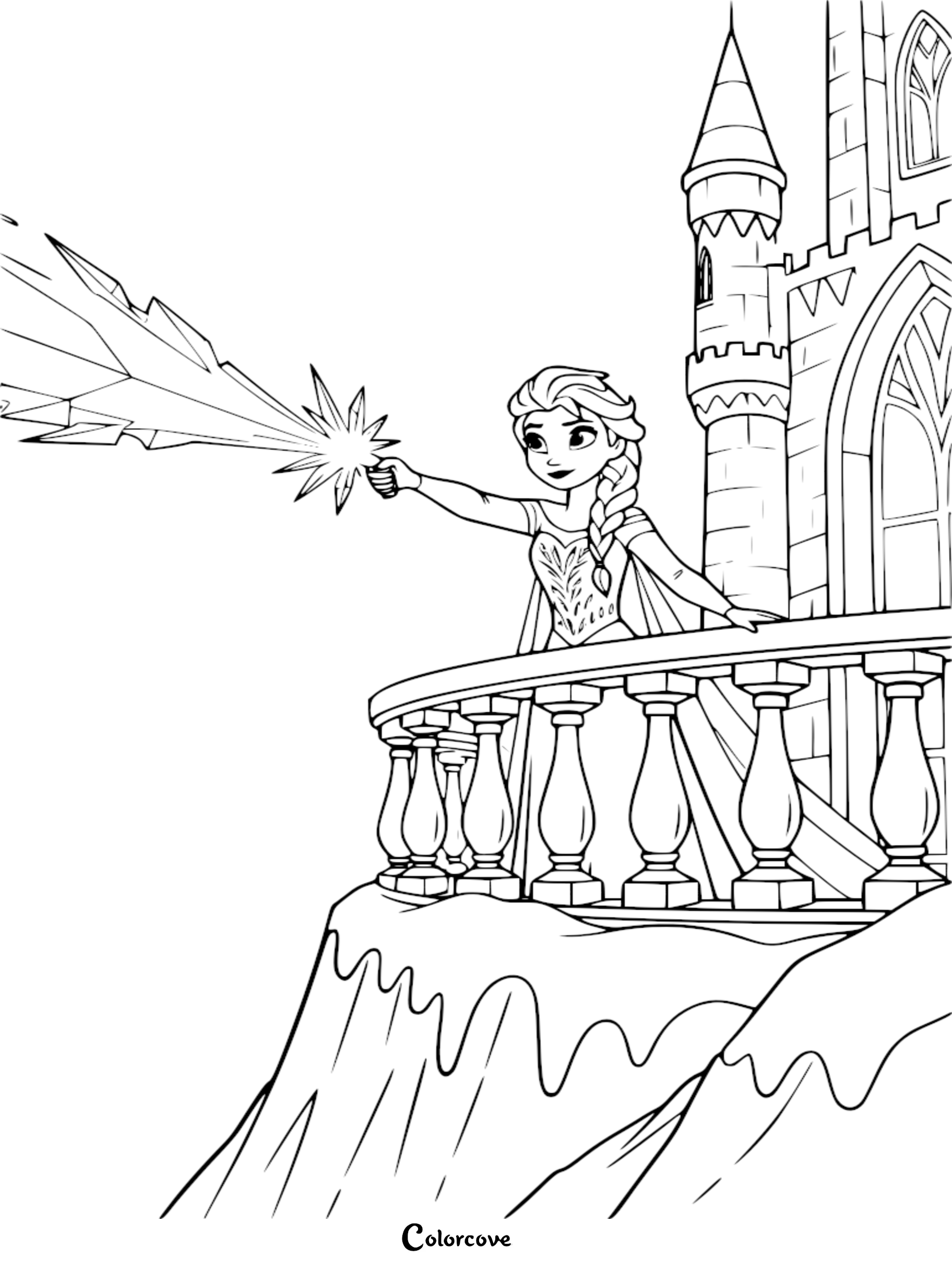 A printable Elsa coloring page featuring the Snow Queen casting ice magic from the balcony of her frozen castle.