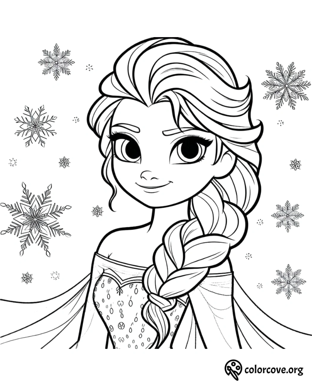 Princess with braided hair coloring page, winter snowflakes background, for kids' crafts and activities - colorcove.org.