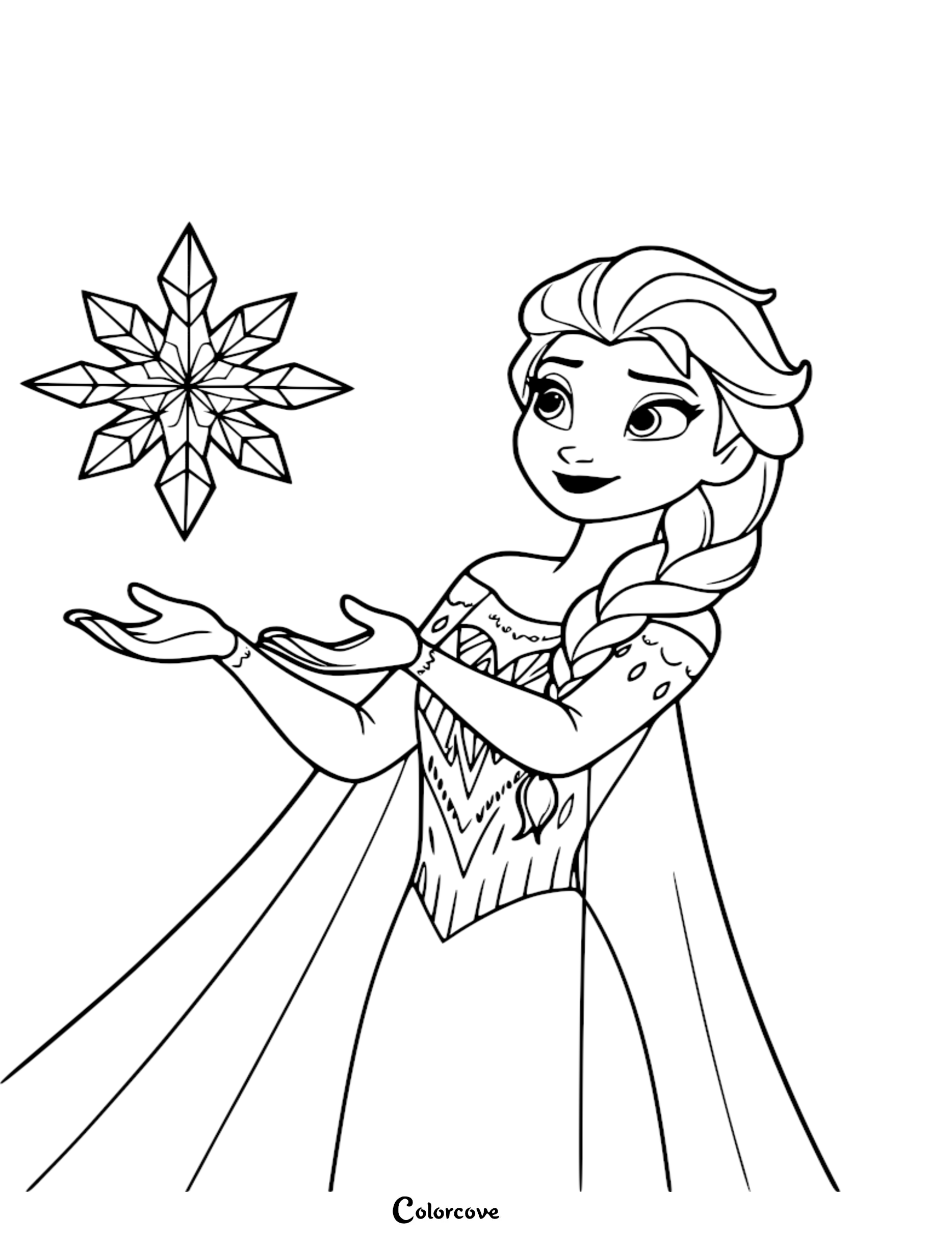 A printable Elsa coloring page showing the Snow Queen from Frozen holding a large magical ice snowflake.