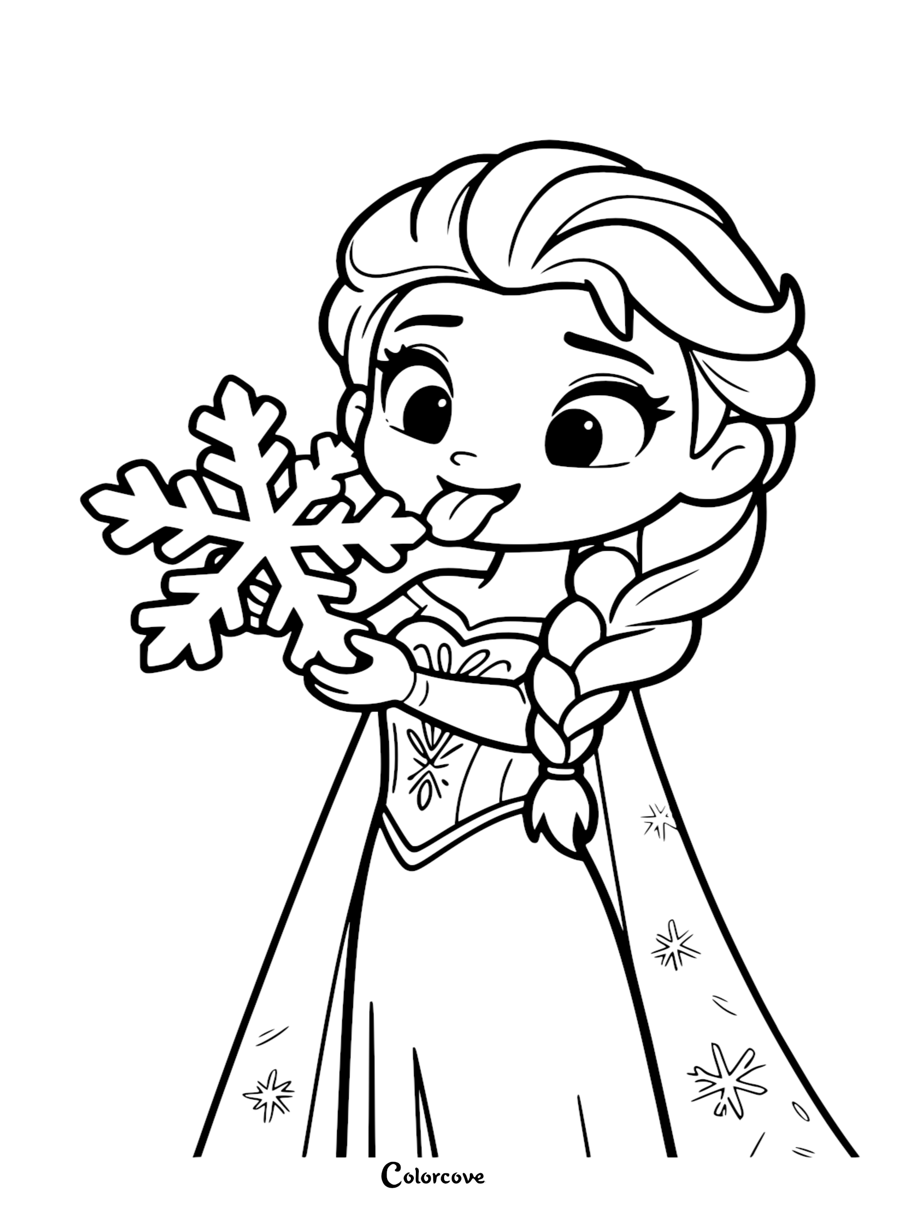 A cute chibi Elsa coloring page for kids featuring the Ice Queen sticking her tongue out and holding a large snowflake.