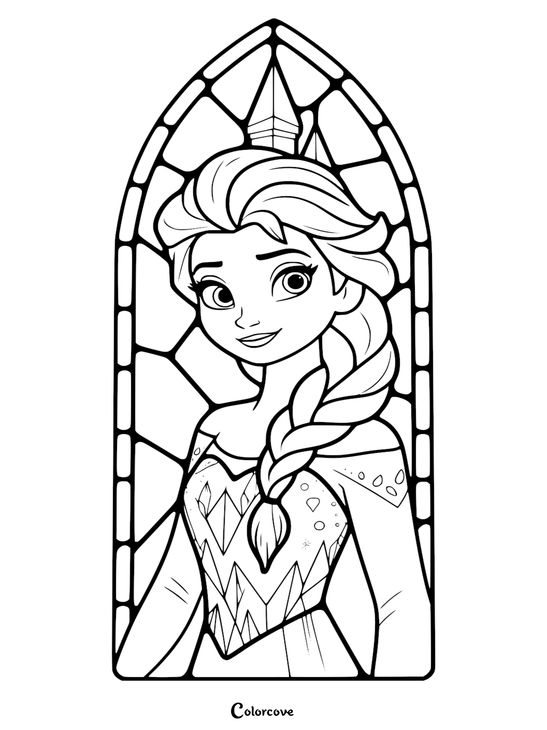 A beautiful stained glass style Elsa coloring page featuring Queen Elsa from Frozen in a decorative arched window frame.