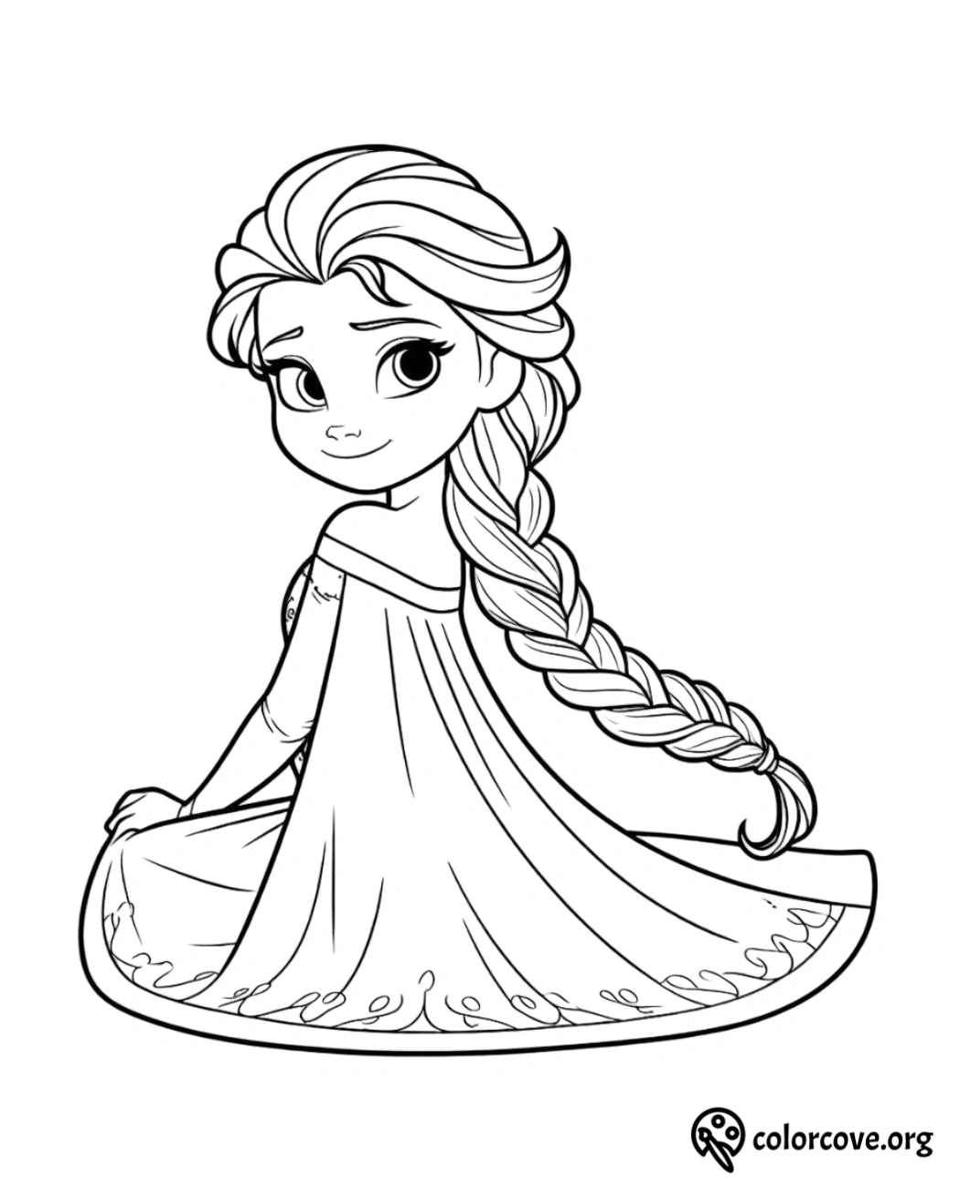 Coloring page of a princess with long braided hair and a detailed dress, perfect for kids to color and enjoy