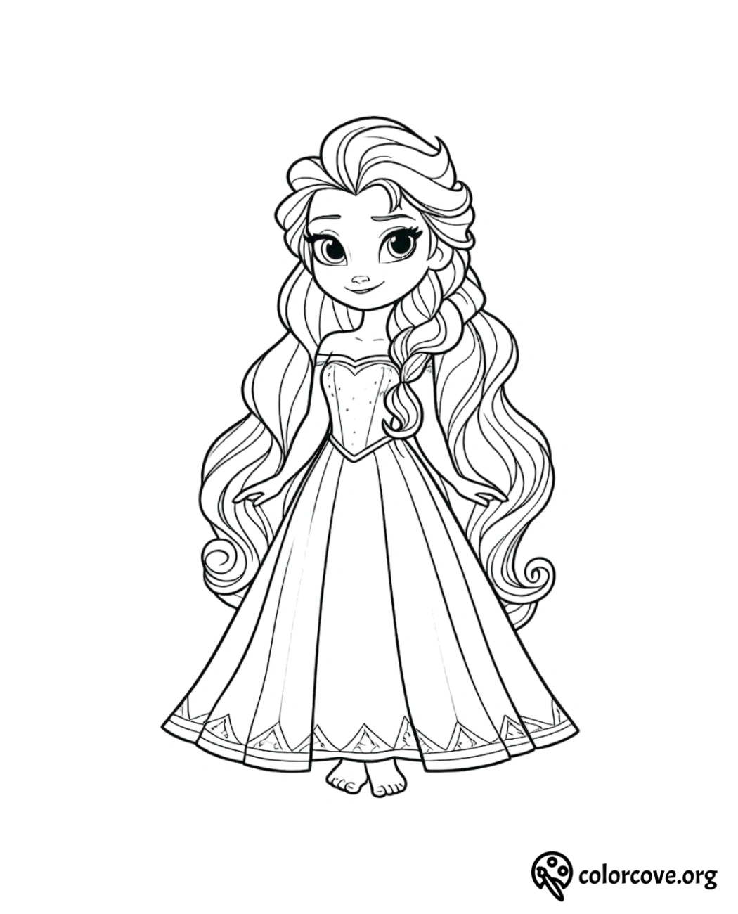 Princess coloring page with long hair and a flowing dress, ideal for kids' creative activity and fun. ColorCove.org.