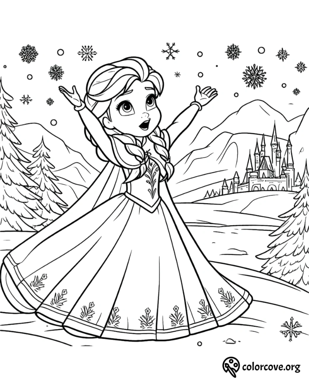 Princess in winter dress with arms raised, snowflakes falling, castle in the background; coloring page for kids - colorcove.org