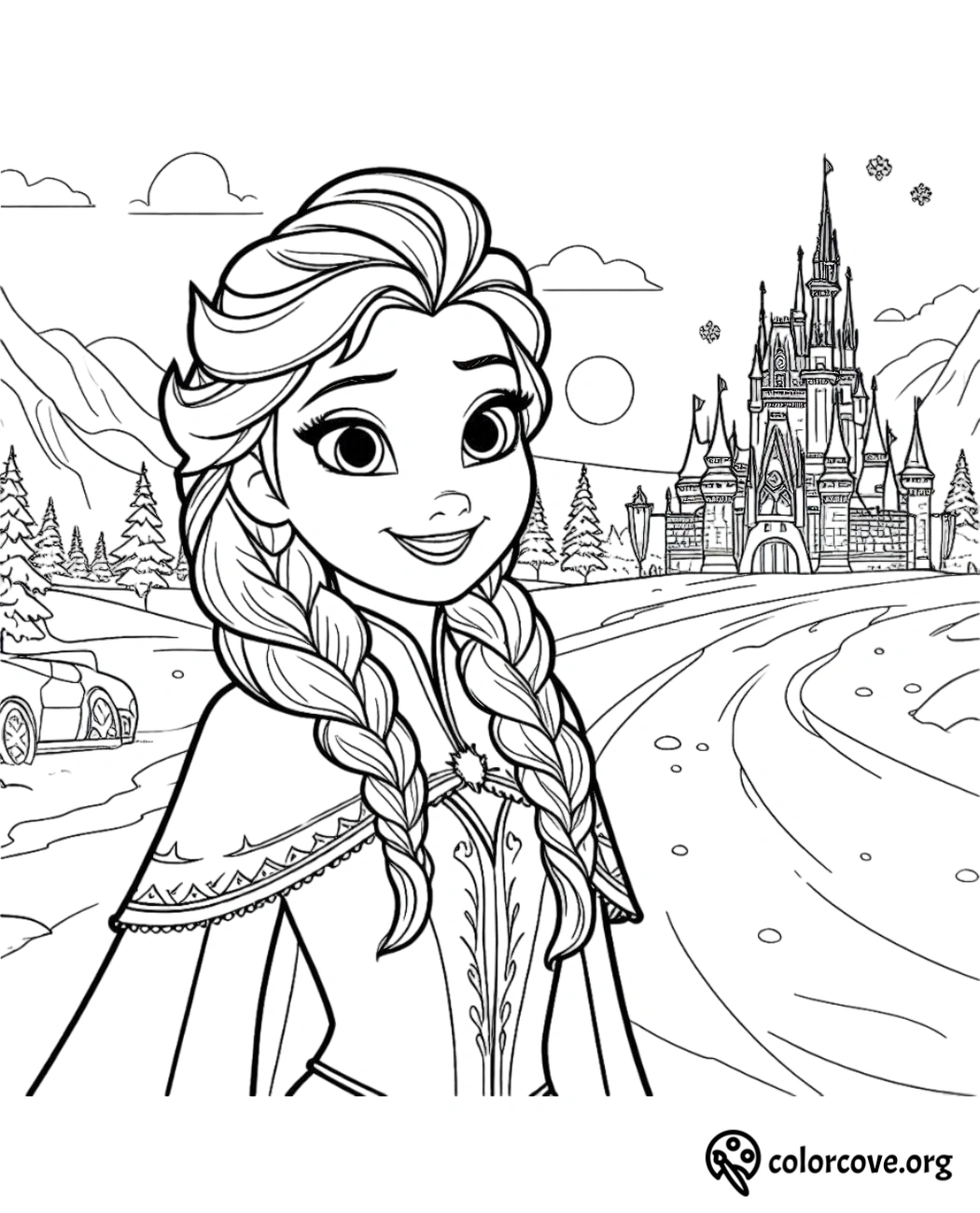 Princess with braided hair and castle in snowy landscape coloring page - Frozen theme. Free to download at colorcove.org.