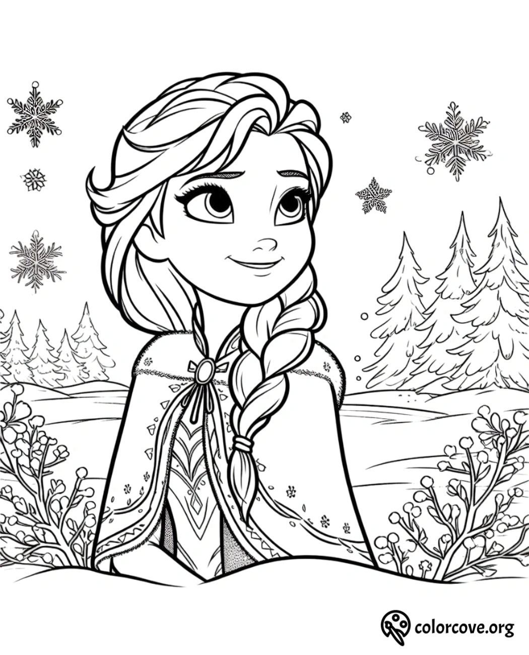 Snow-themed princess coloring page featuring a girl with a braid, snowflakes, and winter forest background.