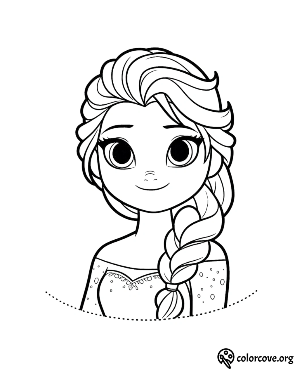 Coloring page of a smiling girl with large eyes, braided hair, and an embellished dress from Colorcove.org.