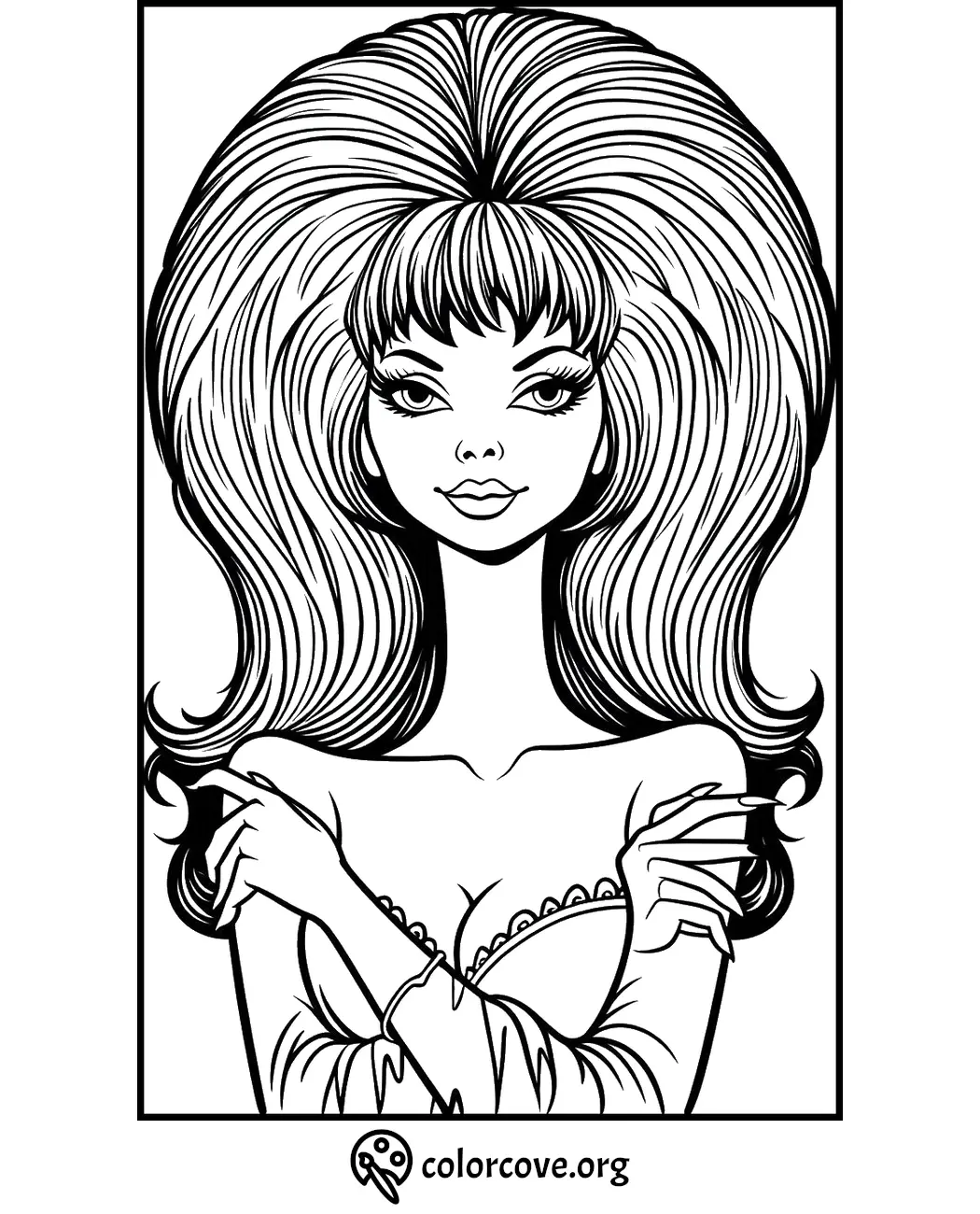 Woman with voluminous hair and vintage dress coloring page from colorcove.org. Printable whimsical portrait for adults and kids.