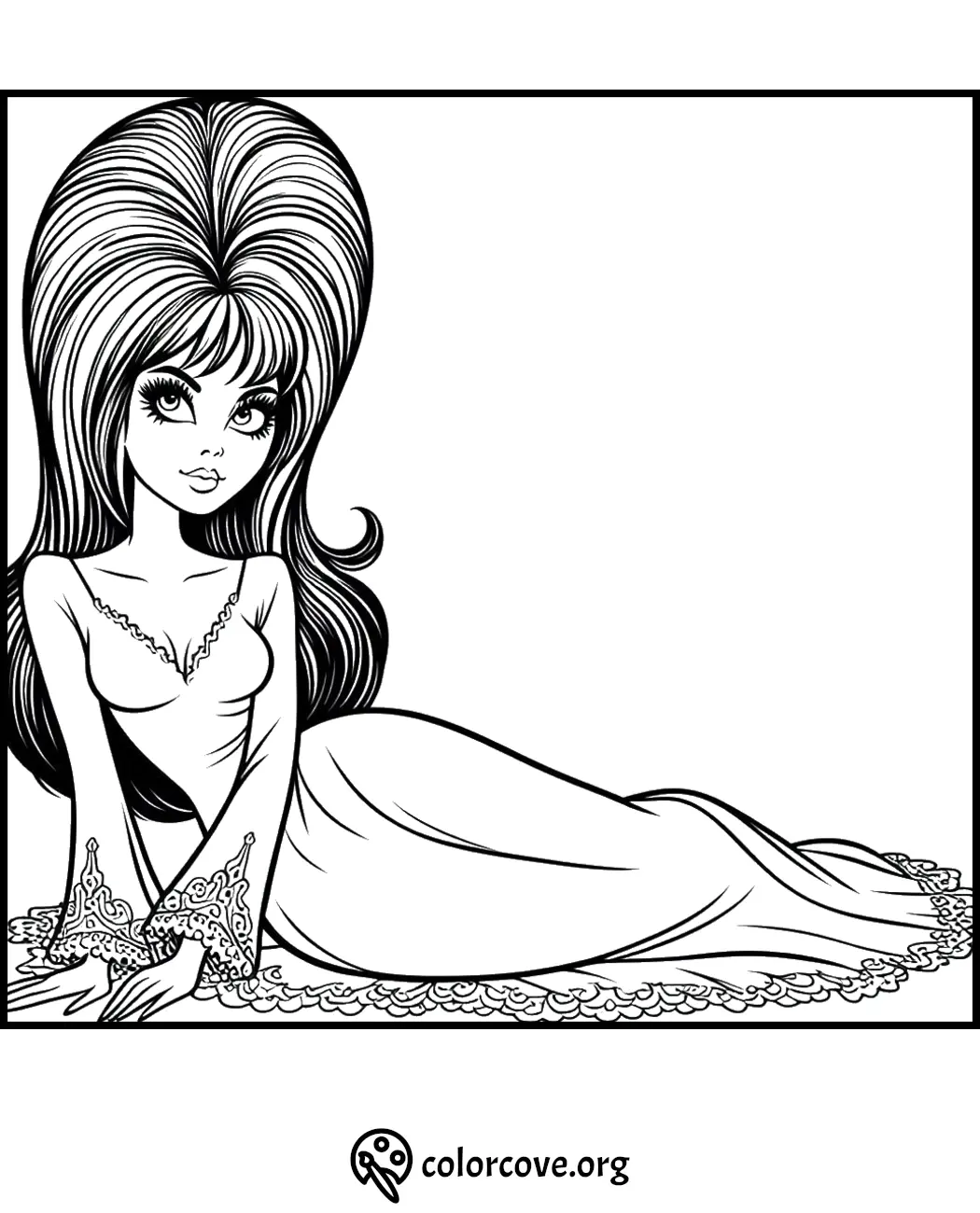 Vintage-inspired coloring page of a woman with voluminous hair, lounging gracefully. Perfect for coloring enthusiasts.