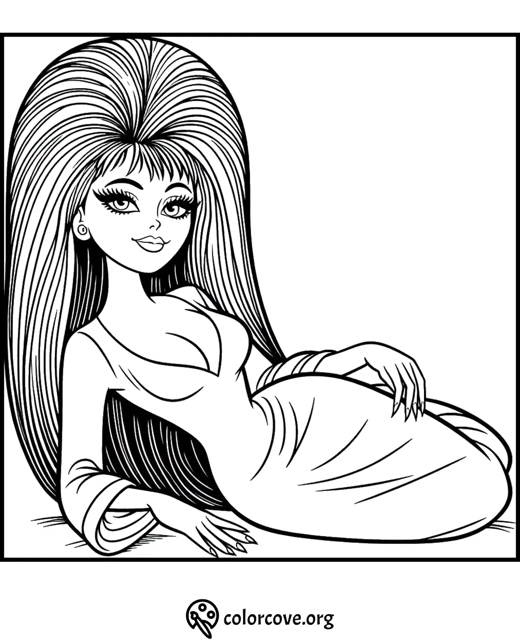 Coloring page of a woman with voluminous hair lying down in a vintage style hairdo and dress.