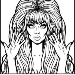 Coloring page of a woman with voluminous hair and long nails, ready for creative coloring fun from colorcove.org.